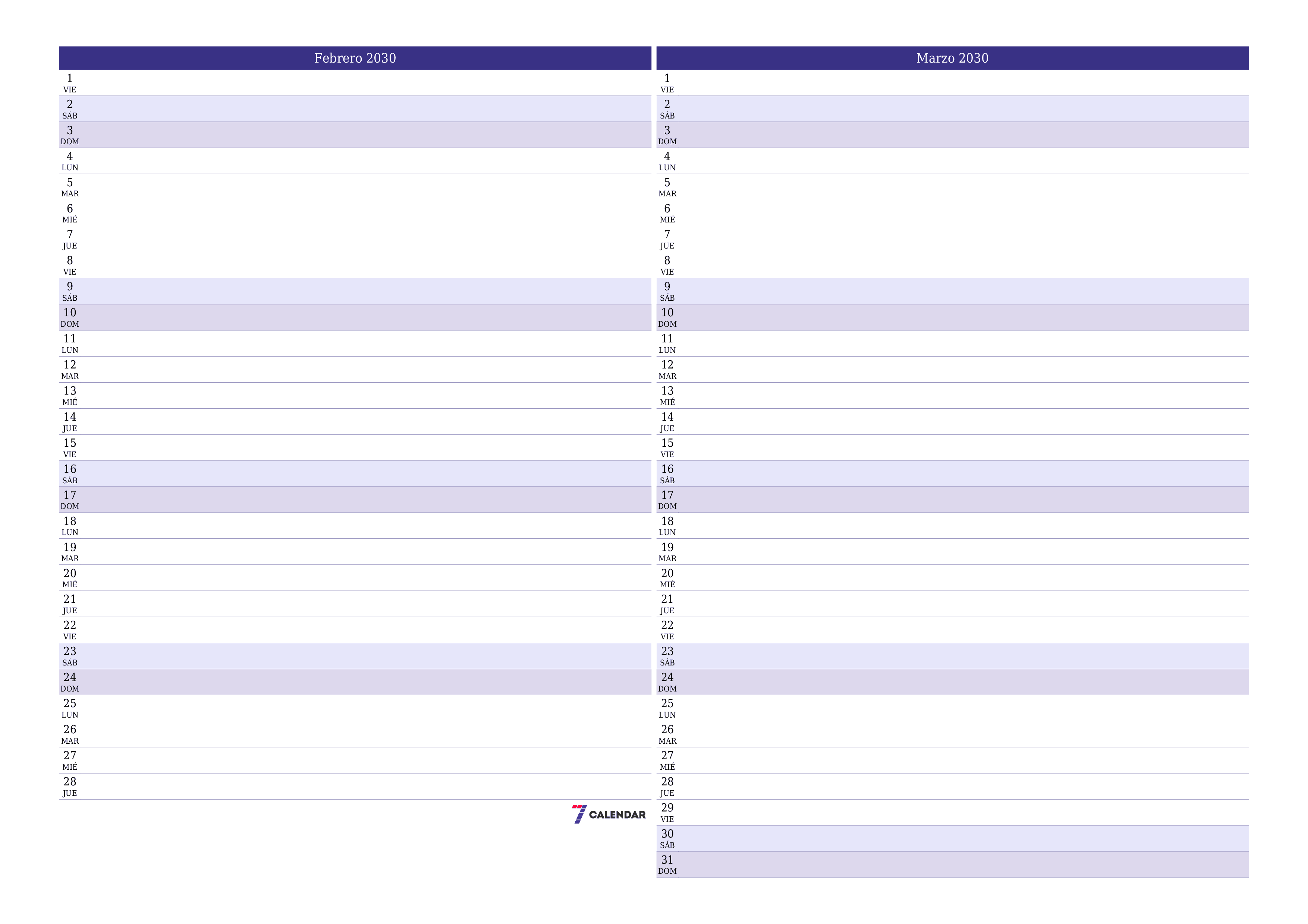 Planificador mensual vacío para el mes Febrero 2030 con notas, guardar e imprimir en PDF PNG Spanish
