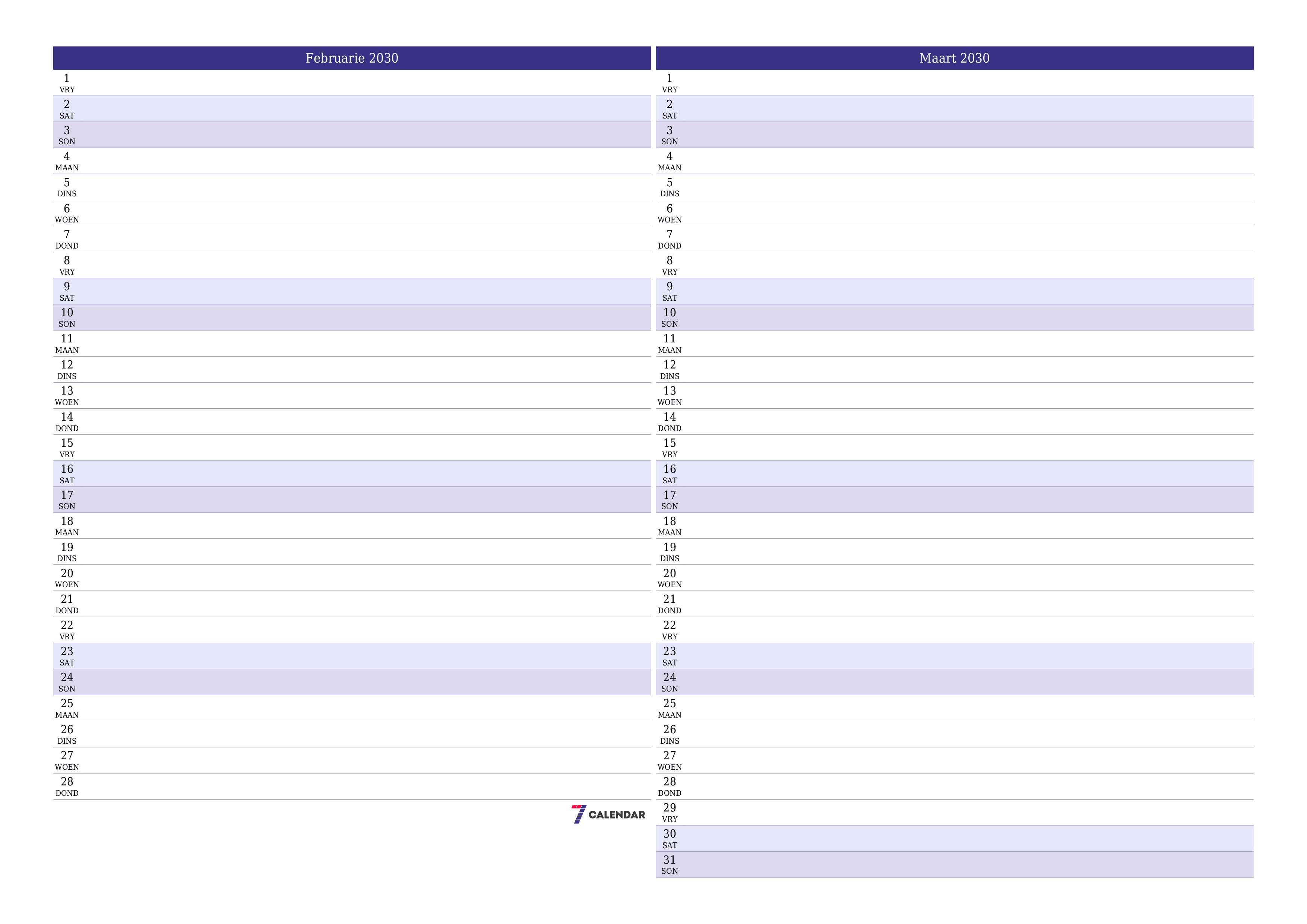 Leë maandelikse drukbare kalender en beplanner vir maand Februarie 2030 met notas stoor en druk na PDF PNG Afrikaans