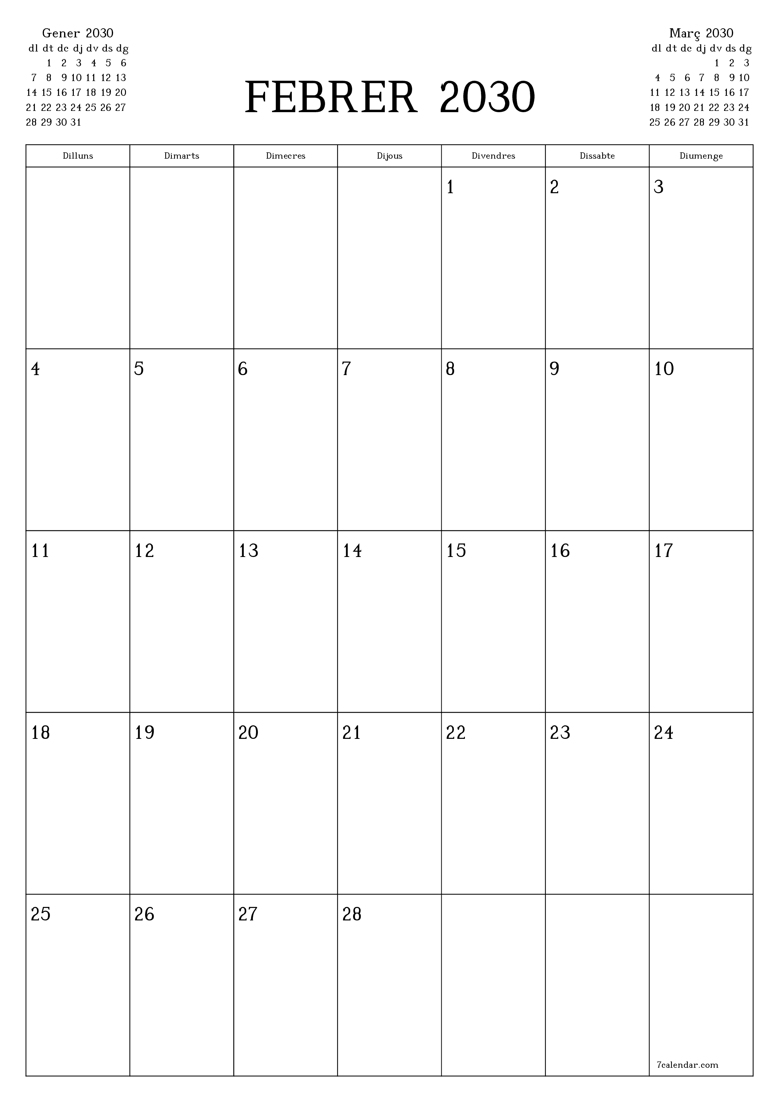  imprimible de paret plantilla de gratuïtvertical Mensual planificador calendari Febrer (Feb) 2030