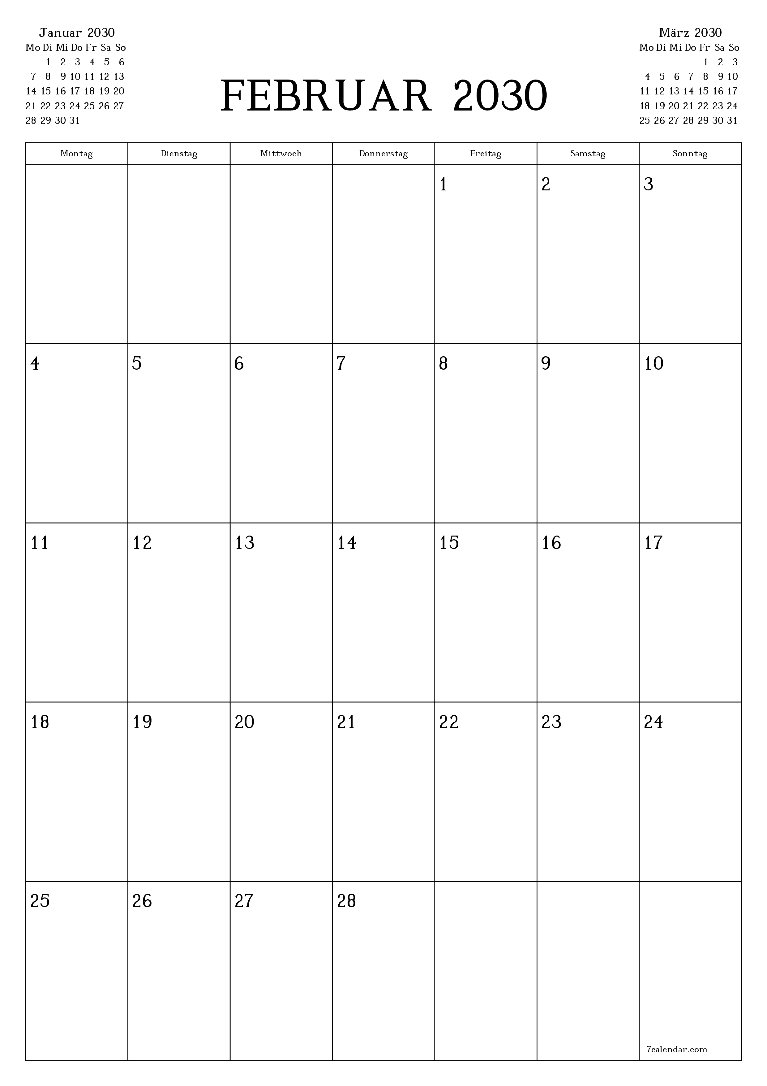  zum Ausdrucken Wandkalender vorlage kostenloser vertikal Monatlich Planer Kalender Februar (Feb) 2030