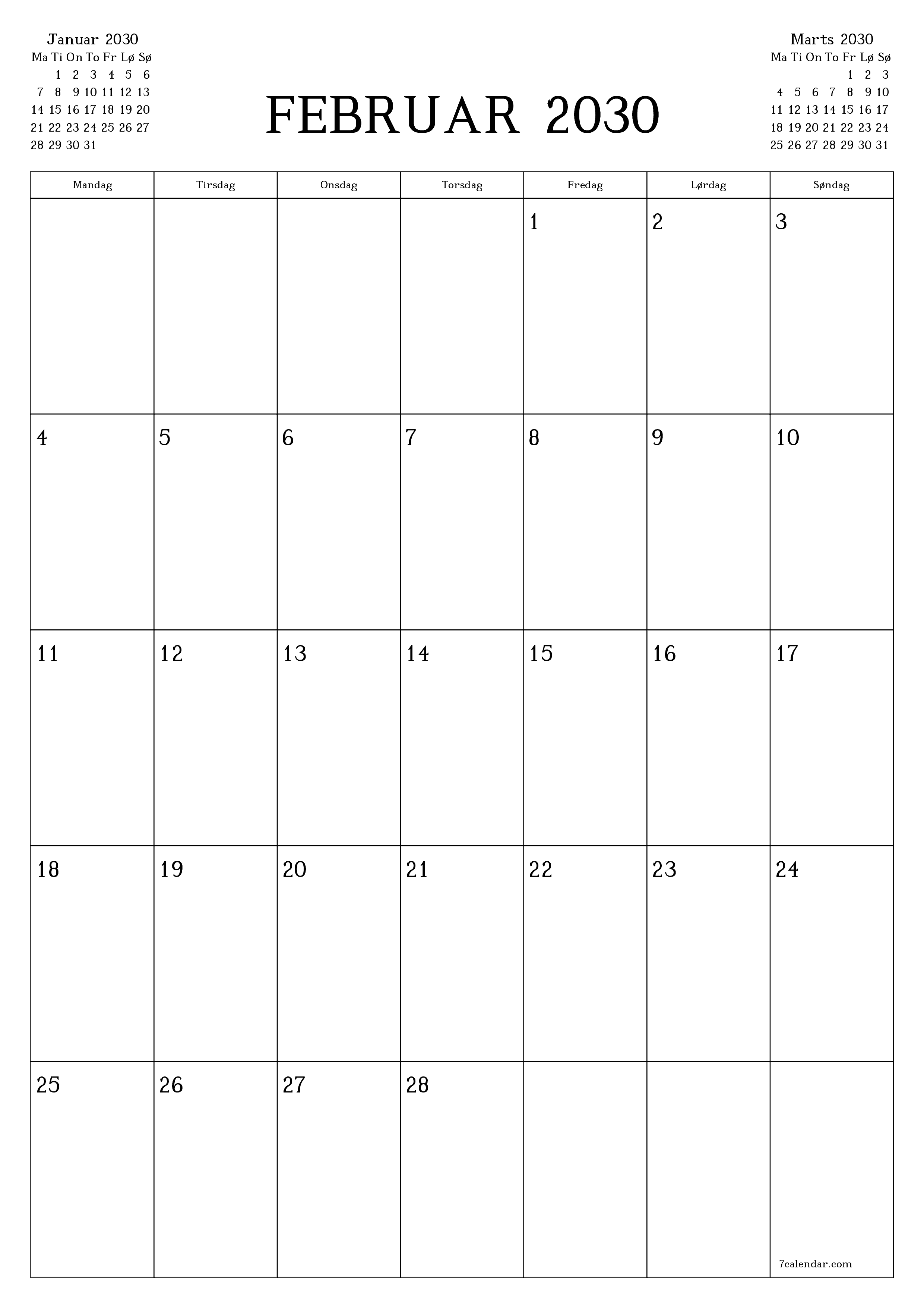 udskrivbar væg skabelon gratis lodret Månedlig planlægger kalender Februar (Feb) 2030