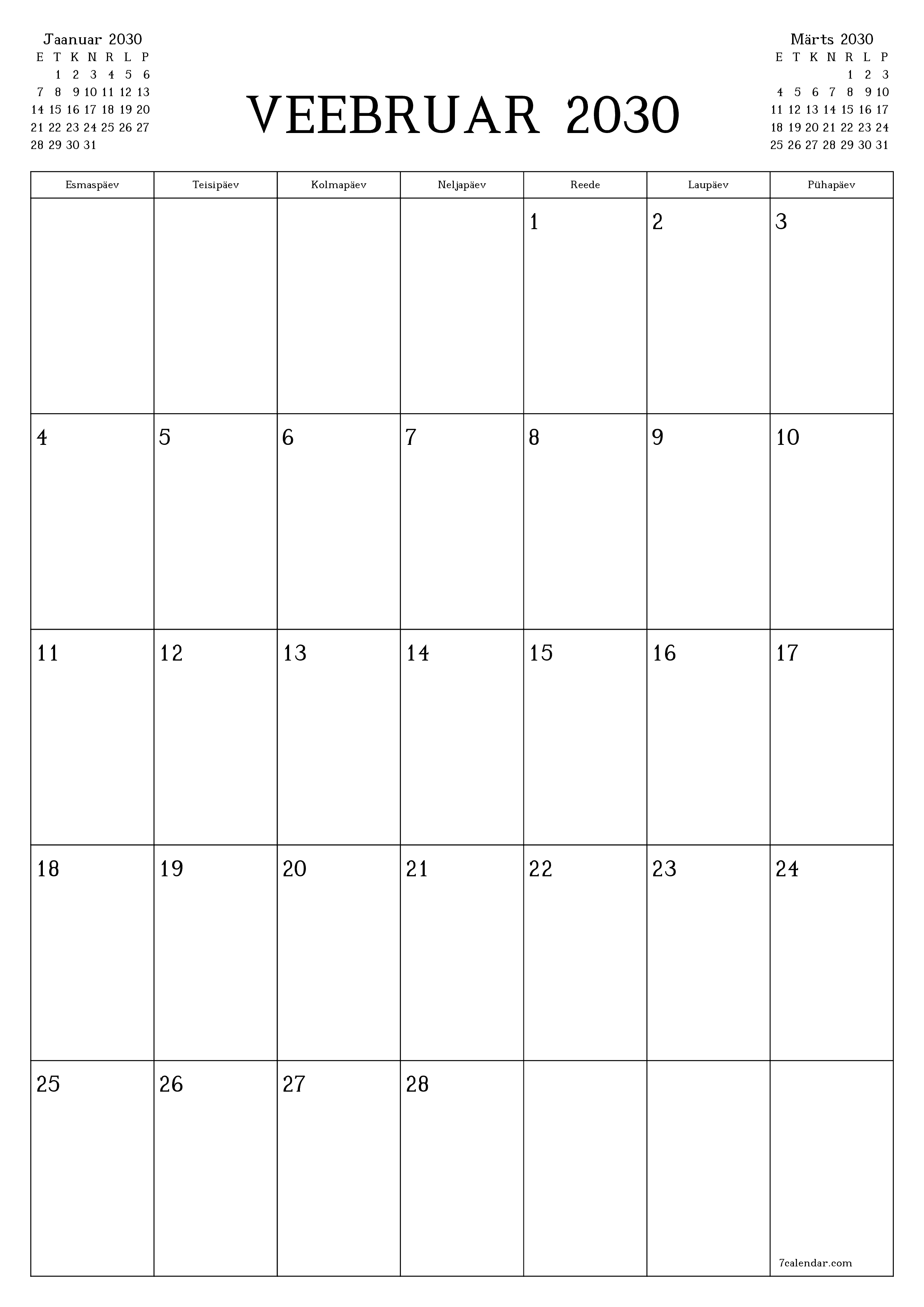 prinditav seina kalendri mall tasuta vertikaalne Igakuine planeerija kalender Veebruar (Veebr) 2030