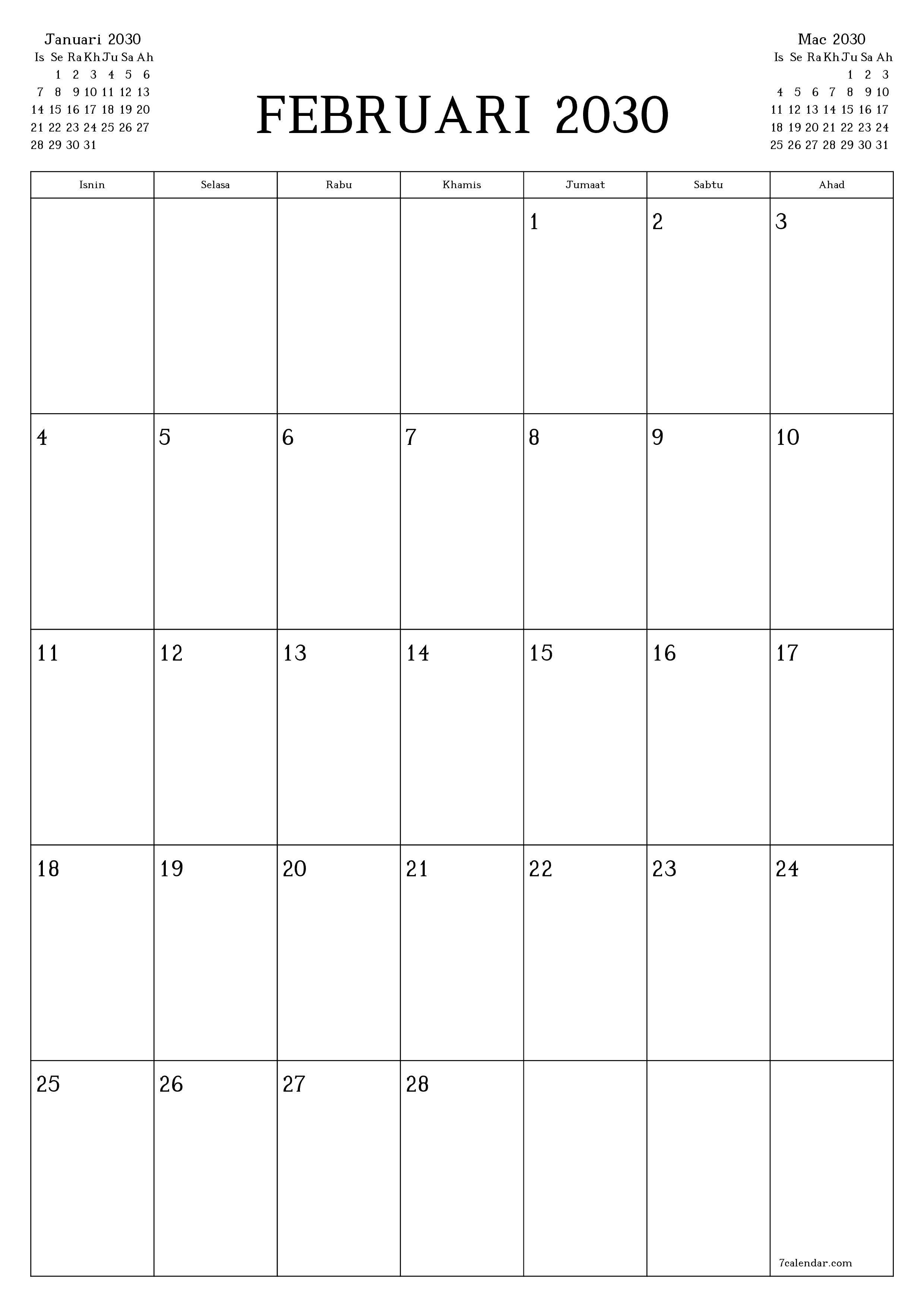  boleh cetak dinding templat percumamenegak Bulanan perancang kalendar Februari (Feb) 2030