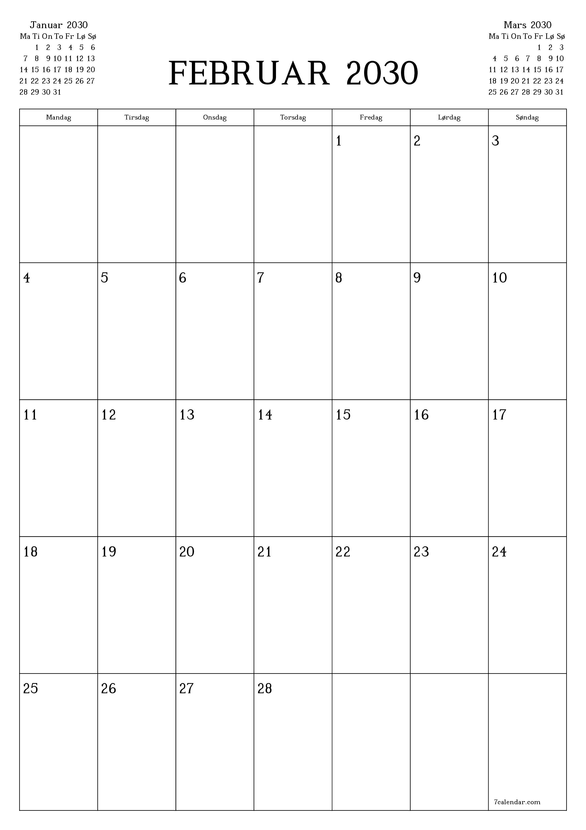 utskrivbar vegg mal gratis vertikal Månedlig planlegger kalender Februar (Feb) 2030