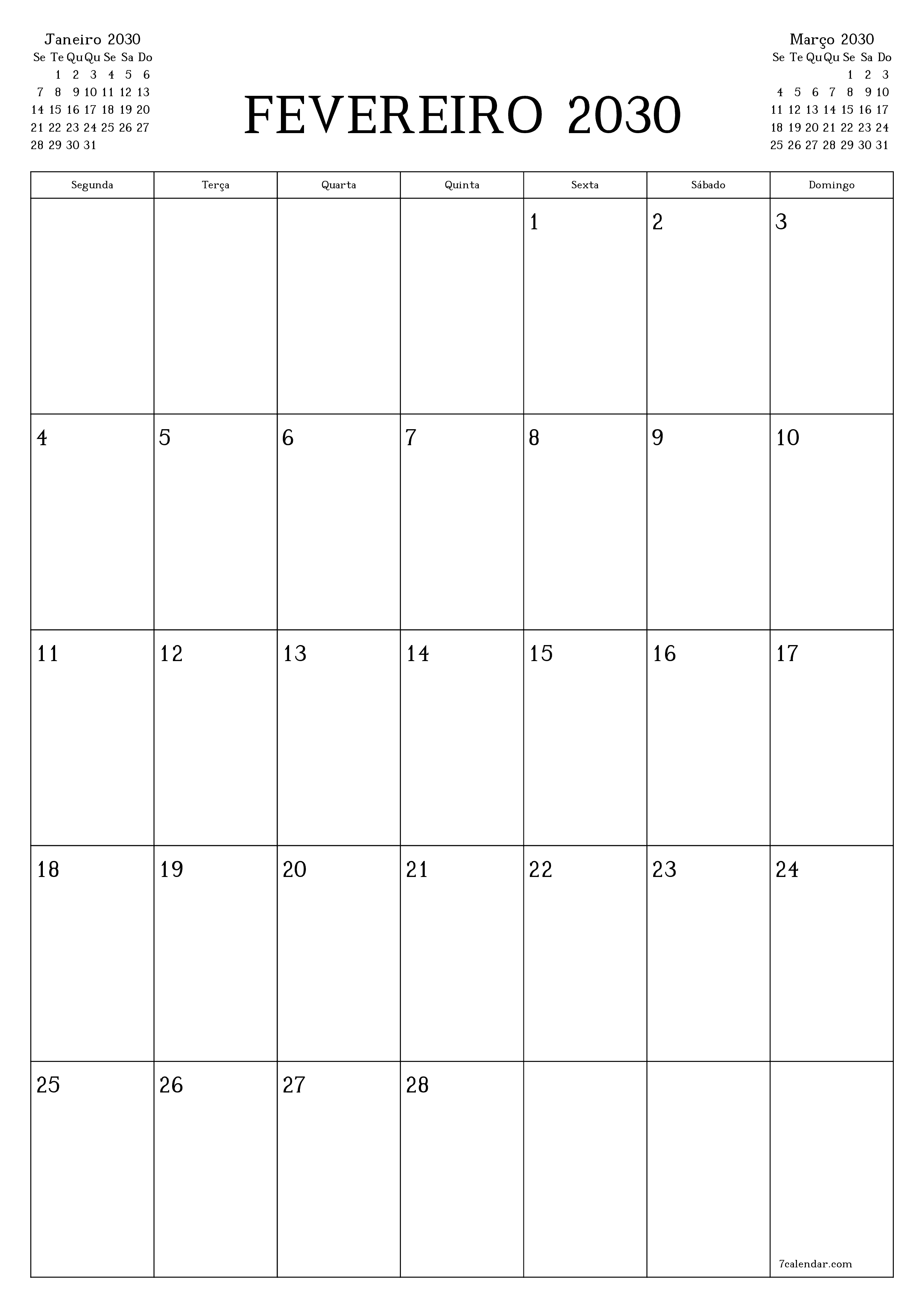  para impressão de parede modelo de grátisvertical Mensal planejador calendário Fevereiro (Fev) 2030
