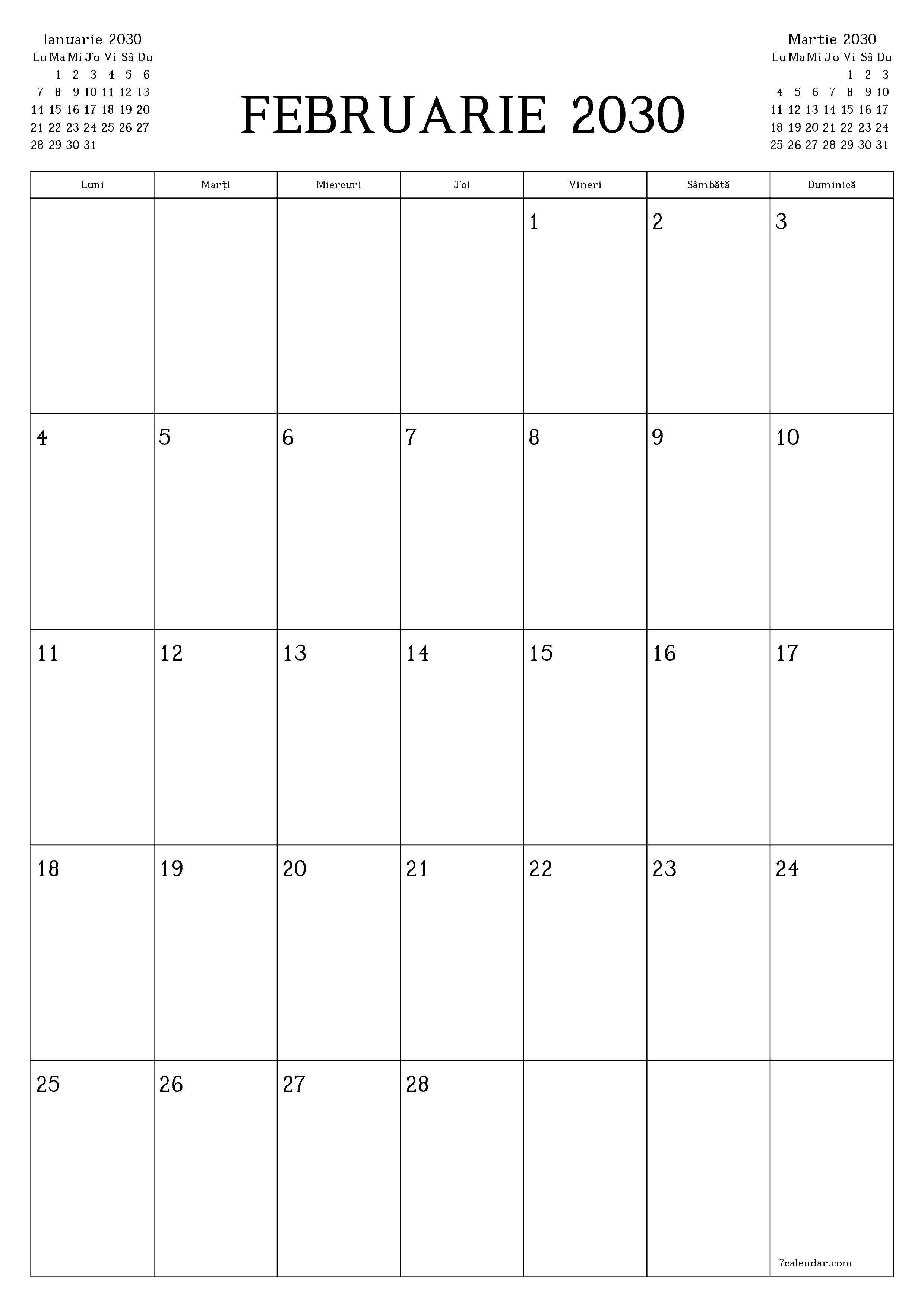  imprimabil de perete șablon de gratuitvertical Lunar planificator calendar Februarie (Feb) 2030