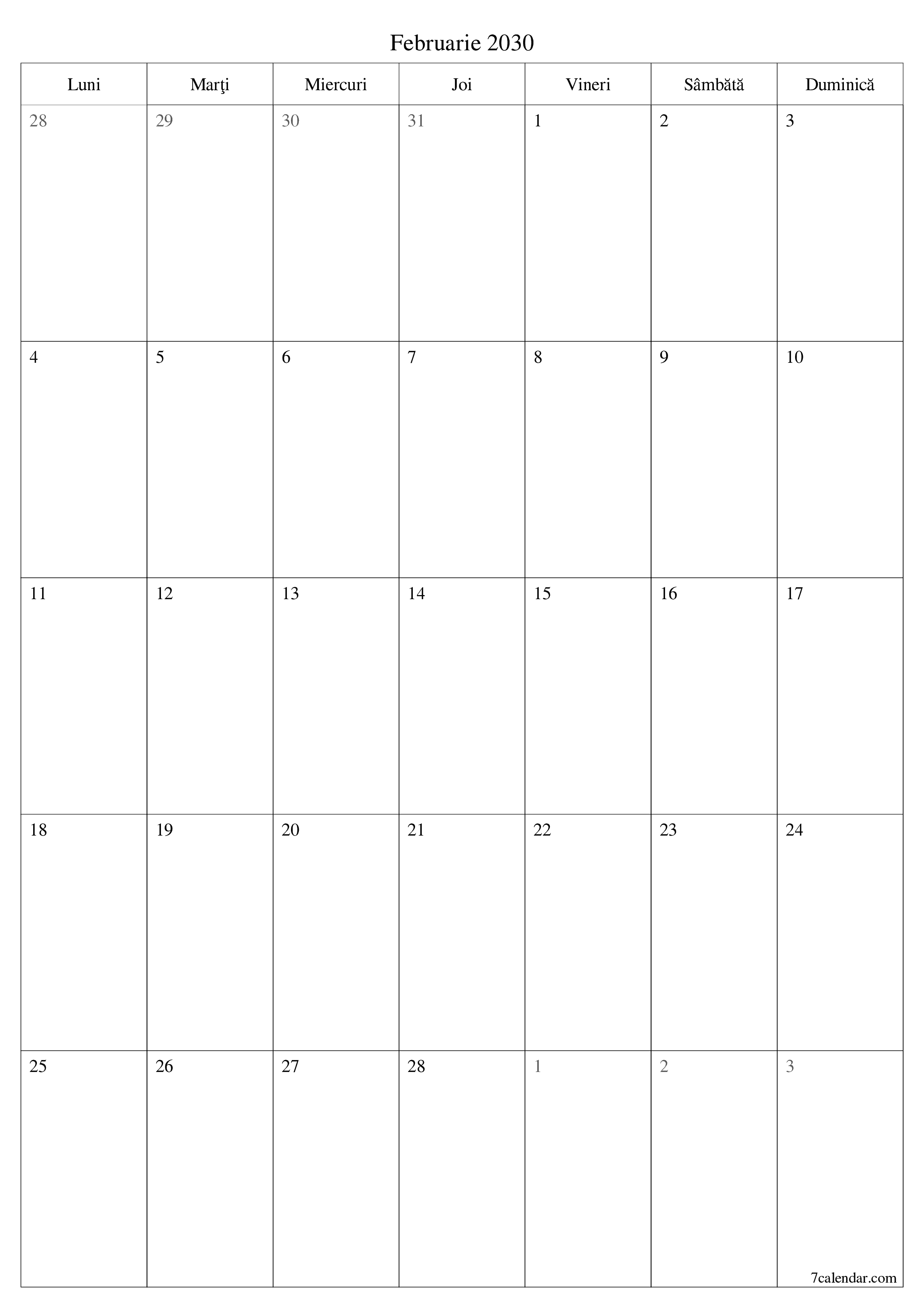  imprimabil de perete șablon de gratuitvertical Lunar planificator calendar Februarie (Feb) 2030