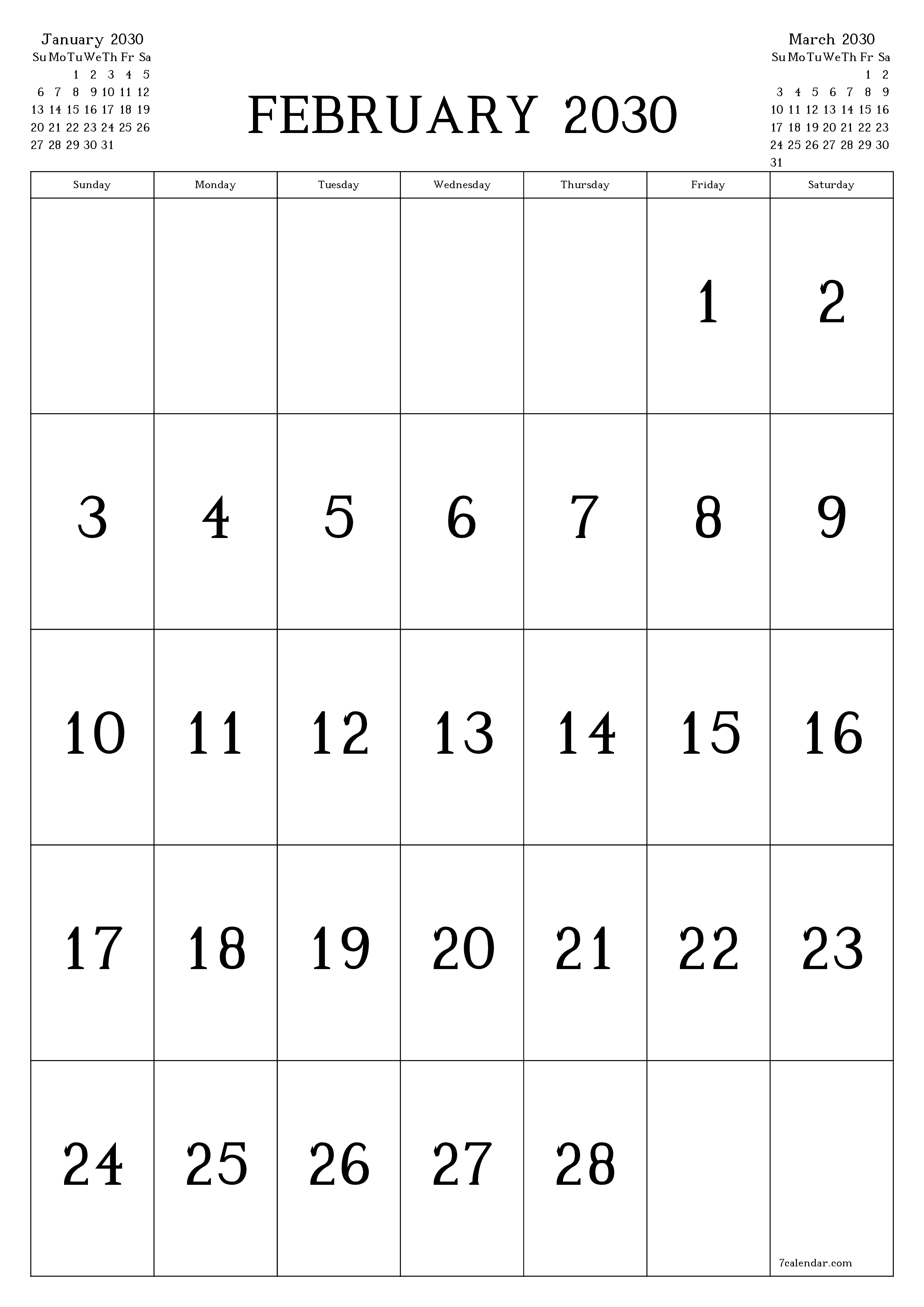 printable wall template free vertical Monthly calendar February (Feb) 2030