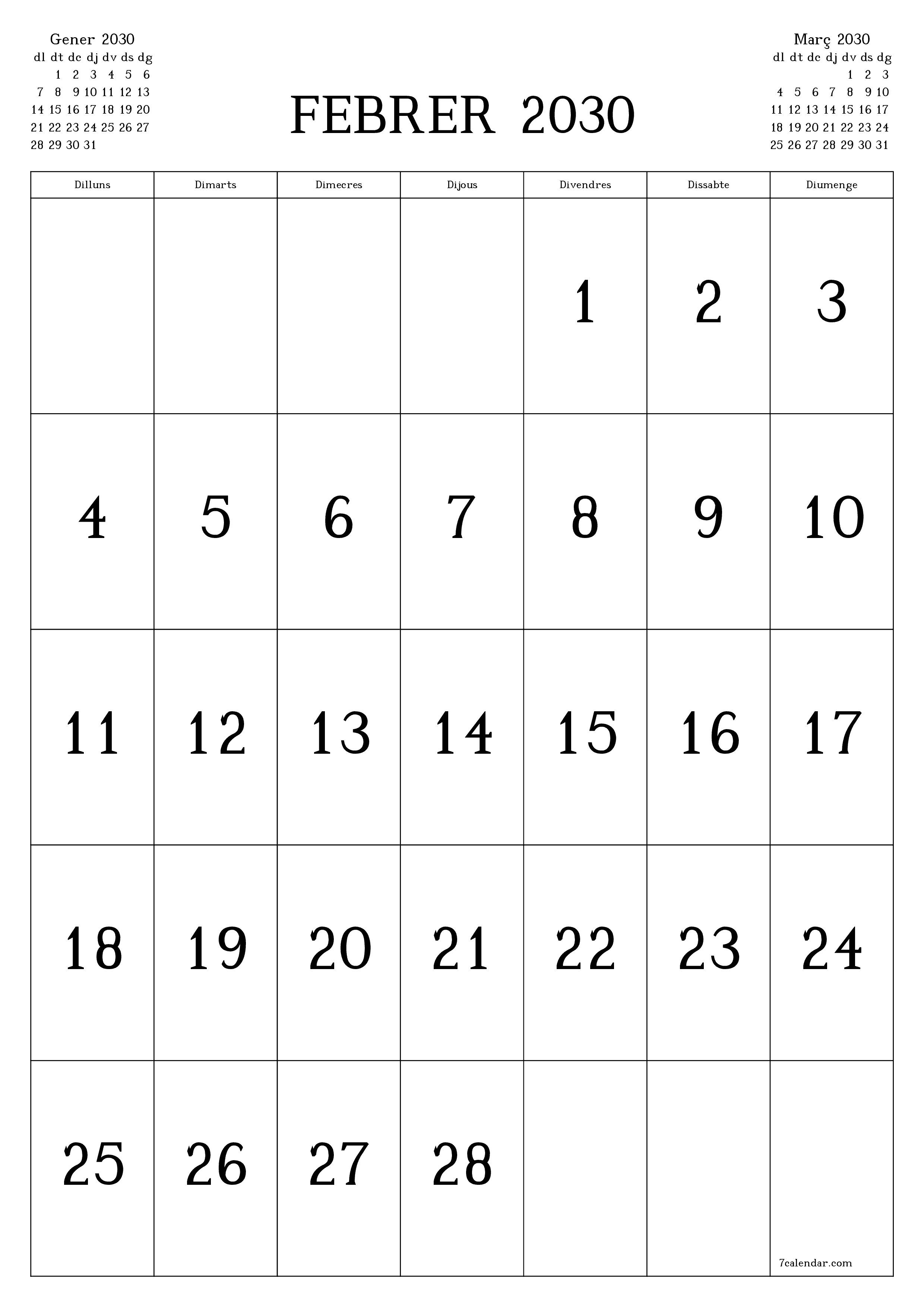  imprimible de paret plantilla de gratuïtvertical Mensual calendari Febrer (Feb) 2030