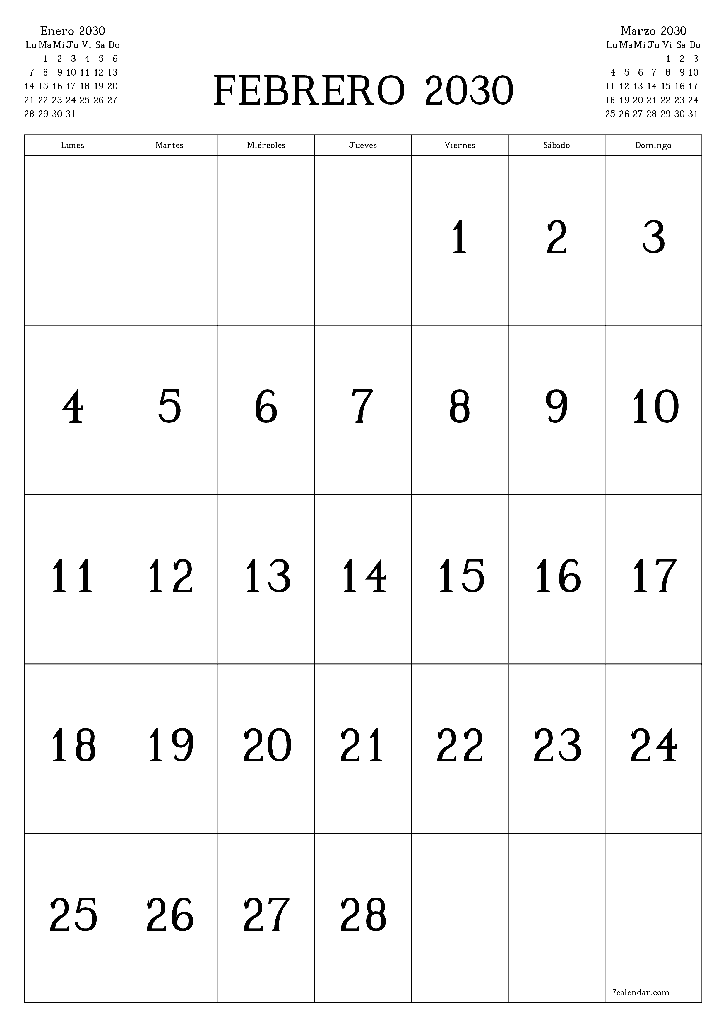  imprimible de pared plantilla de gratisvertical Mensual calendario Febrero (Feb) 2030