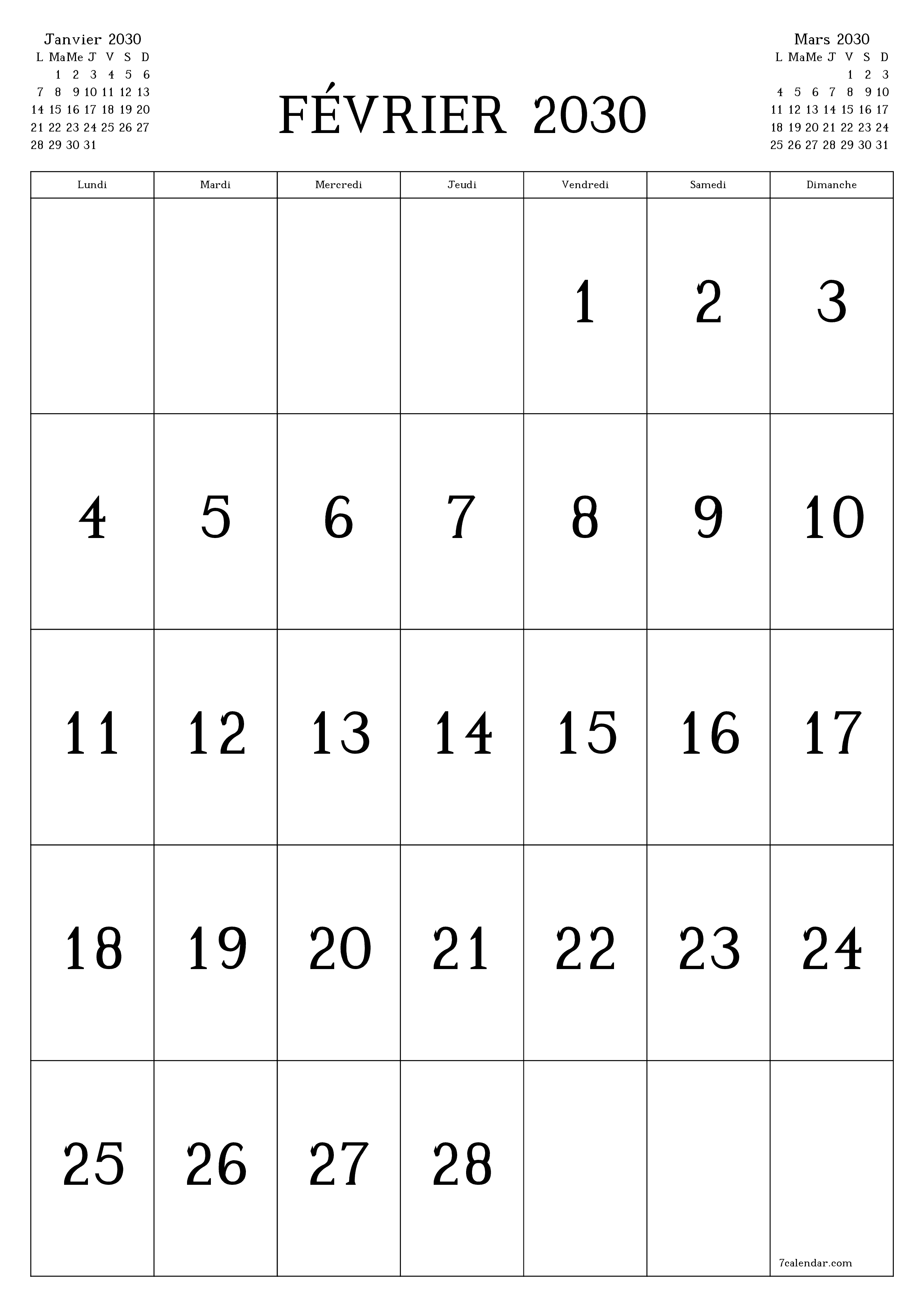  imprimable mural modèle de gratuitverticale Mensuel calendrier Février (Fév) 2030