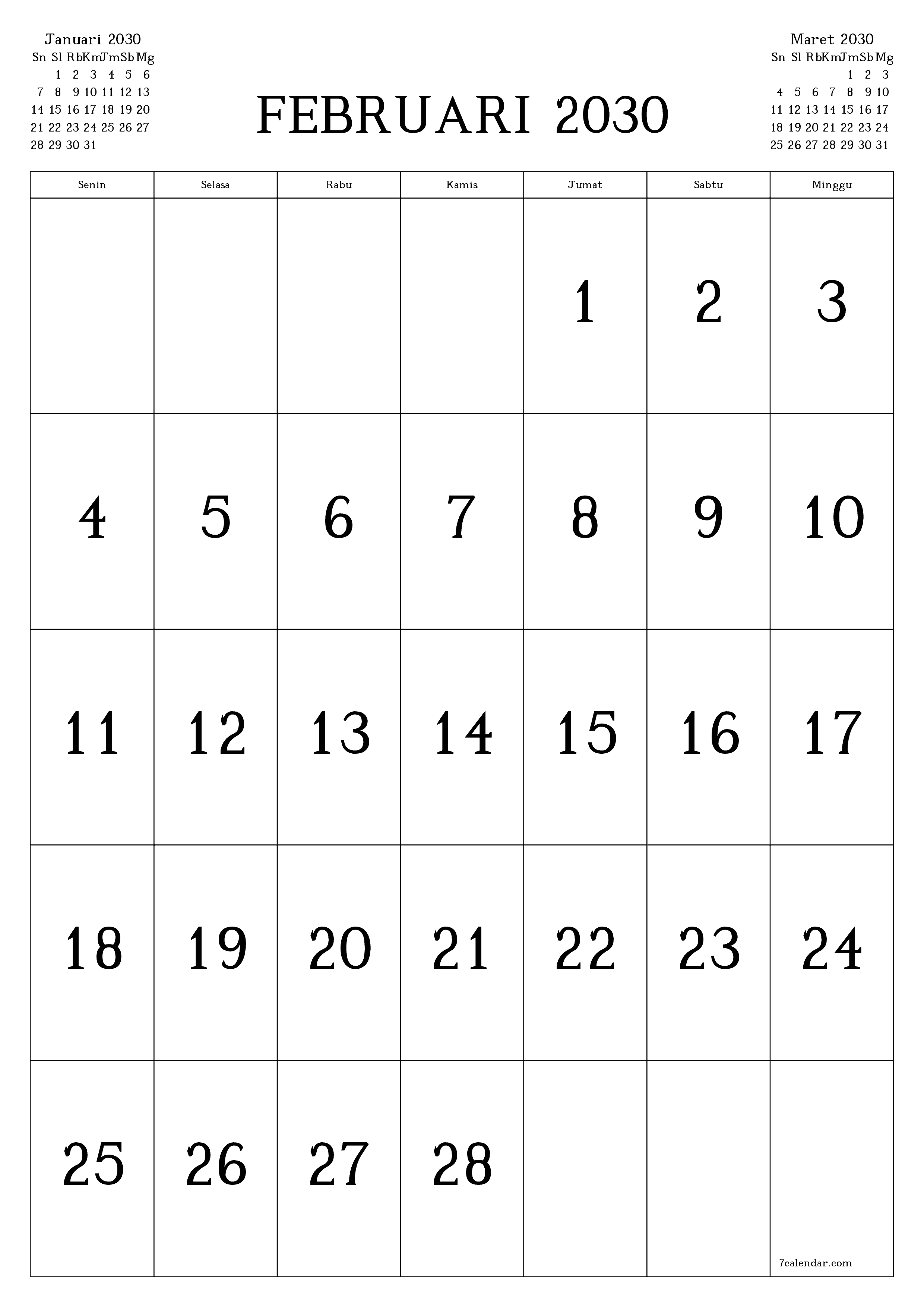  yang dapat dicetak dinding templat gratisvertikal Bulanan kalender Februari (Feb) 2030