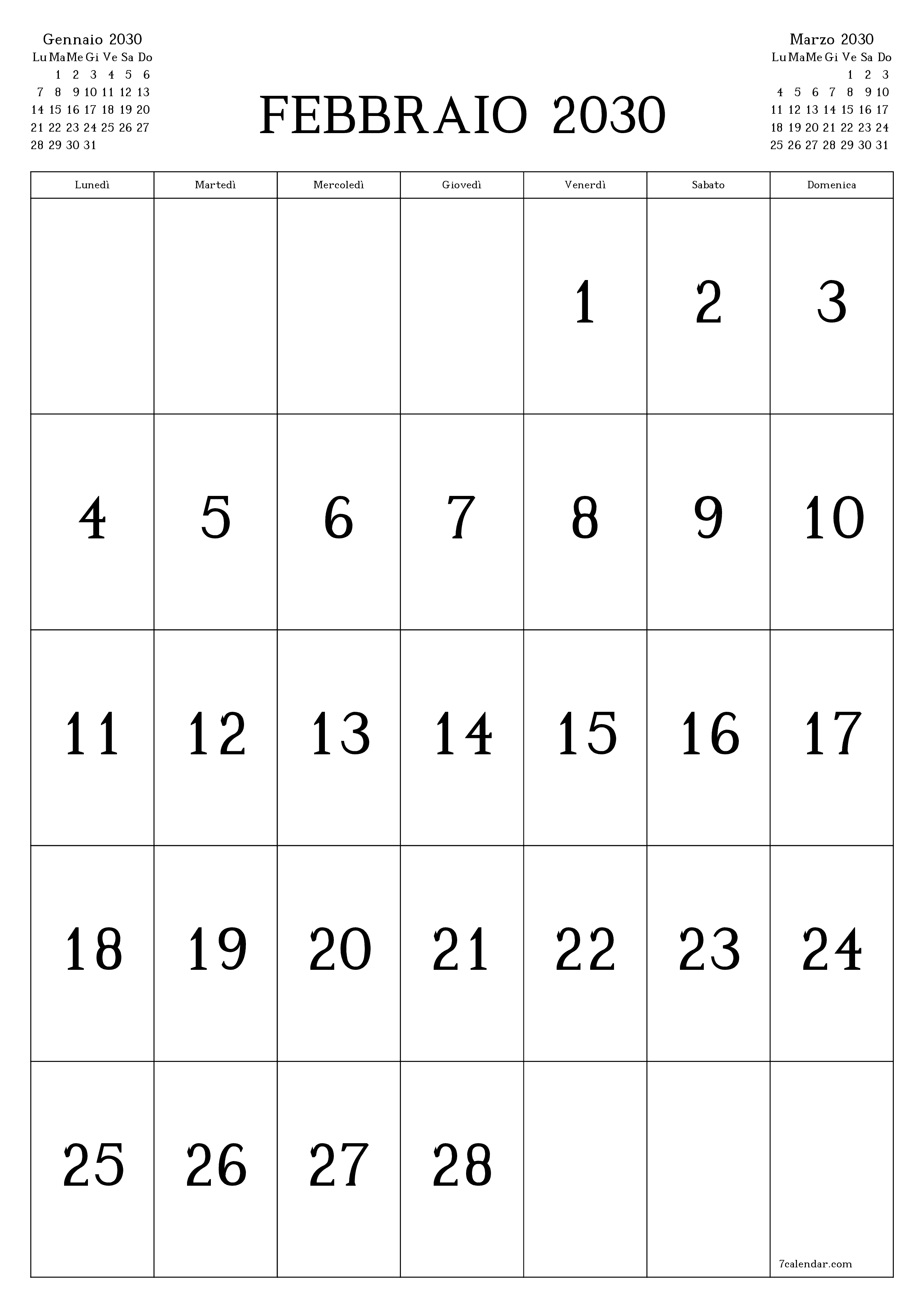  stampabile da parete modello di gratuitoverticale Mensile calendario Febbraio (Feb) 2030