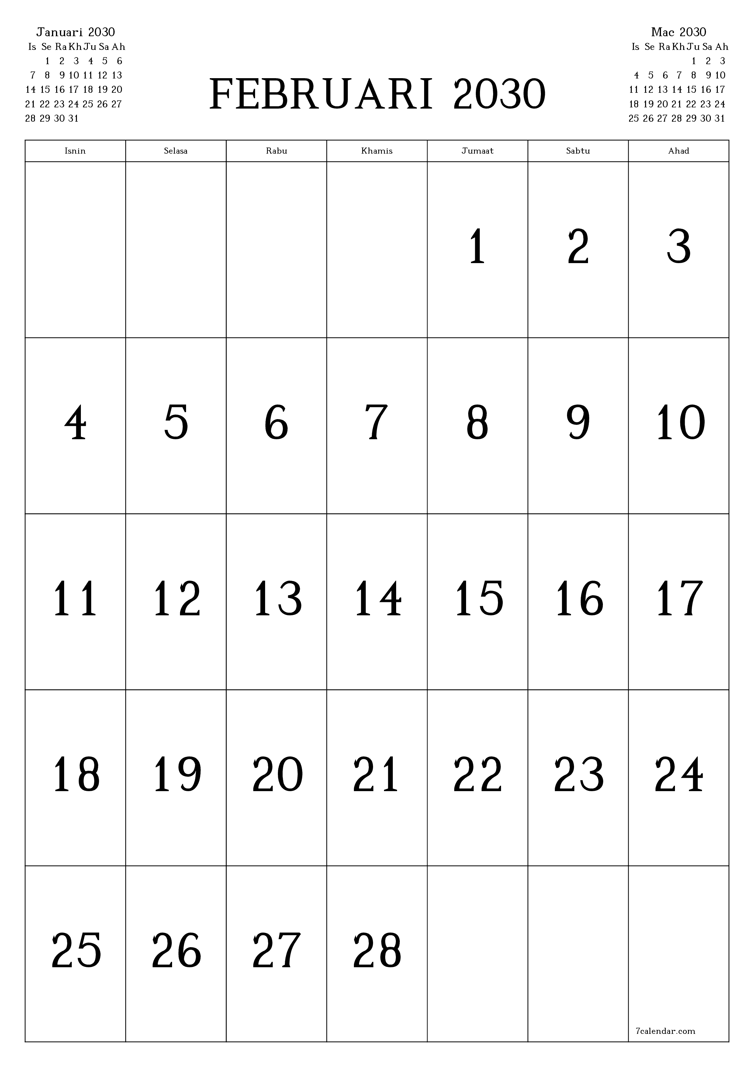  boleh cetak dinding templat percumamenegak Bulanan kalendar Februari (Feb) 2030