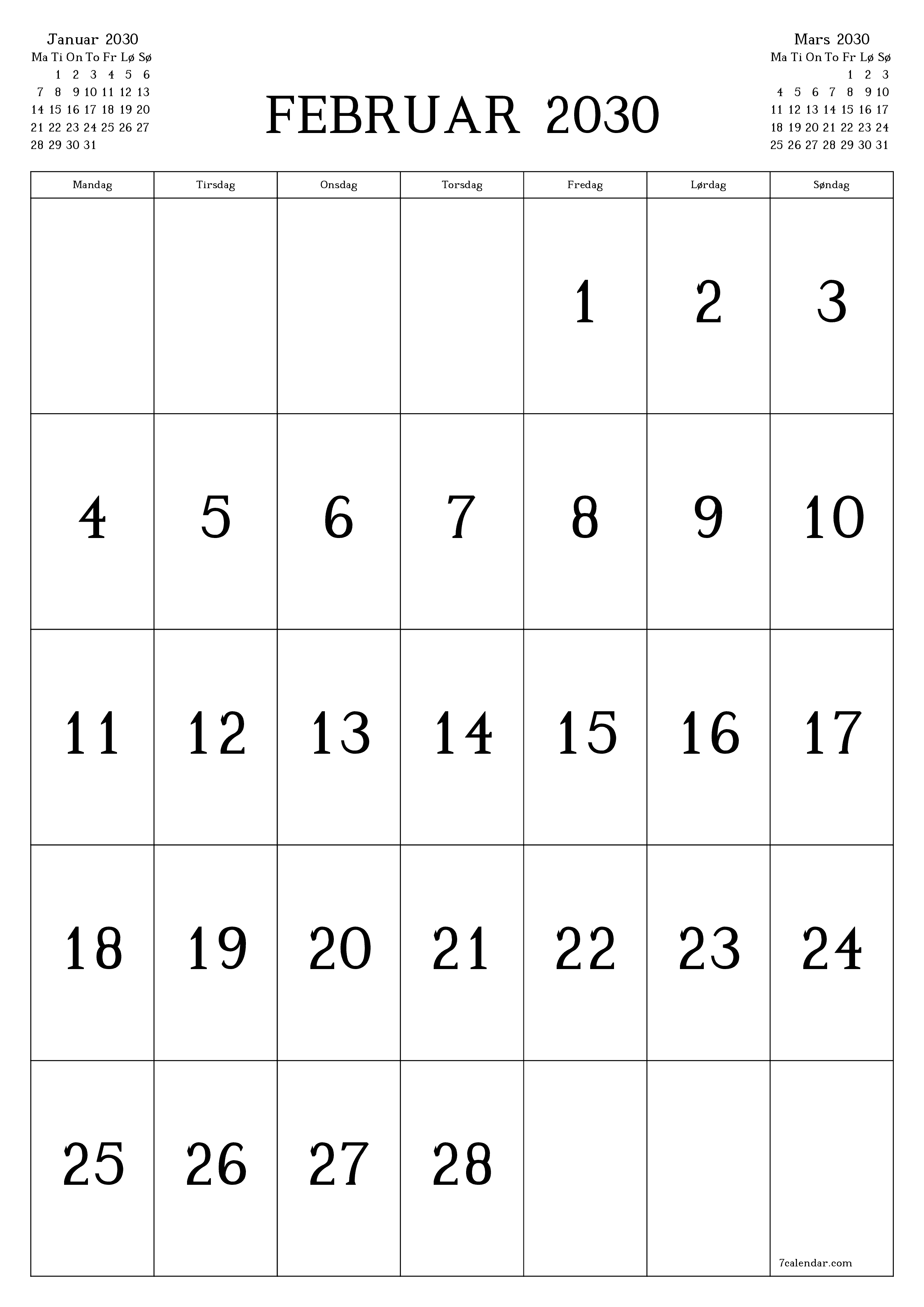 utskrivbar vegg mal gratis vertikal Månedlig kalender Februar (Feb) 2030