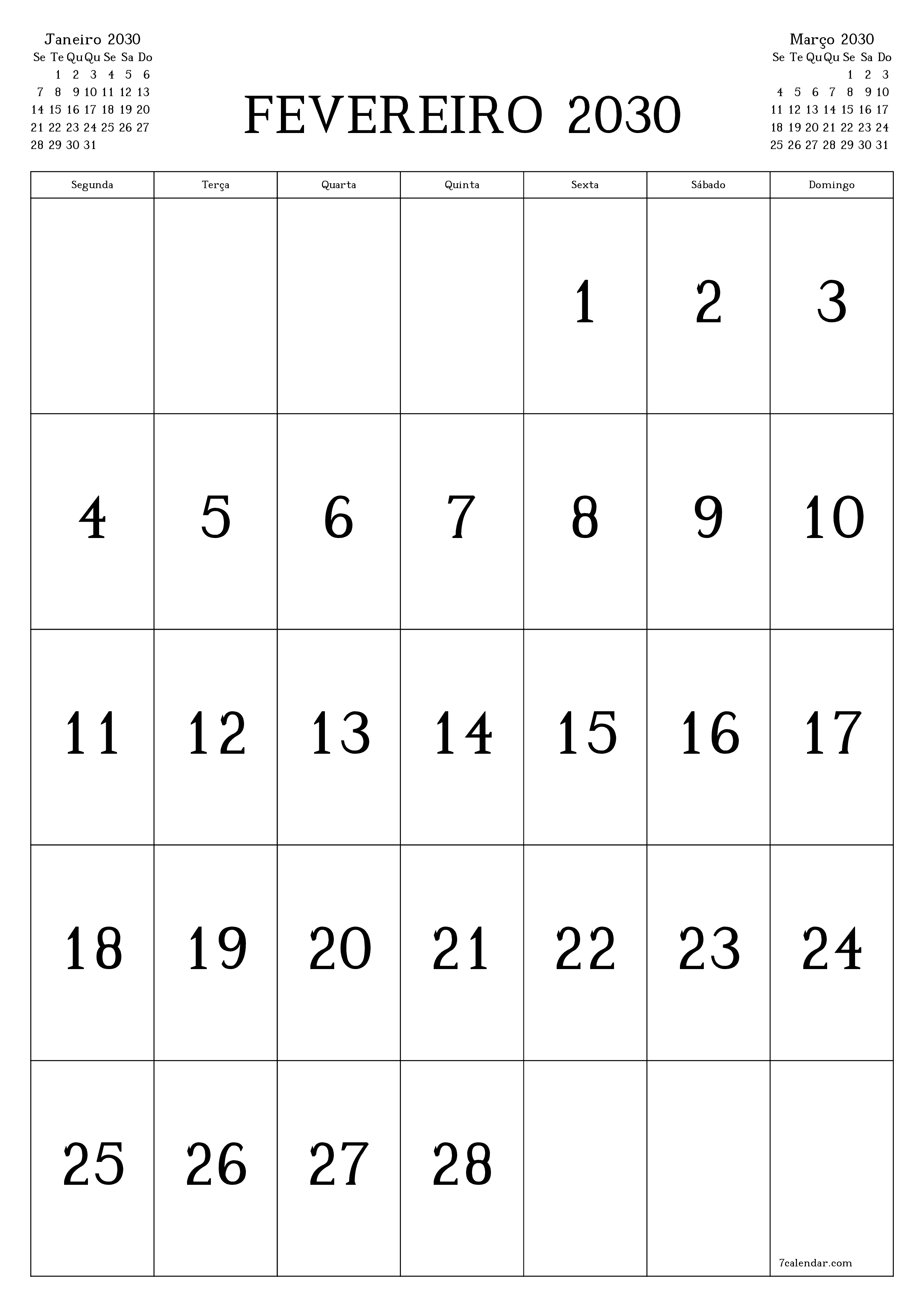  para impressão de parede modelo de grátisvertical Mensal calendário Fevereiro (Fev) 2030