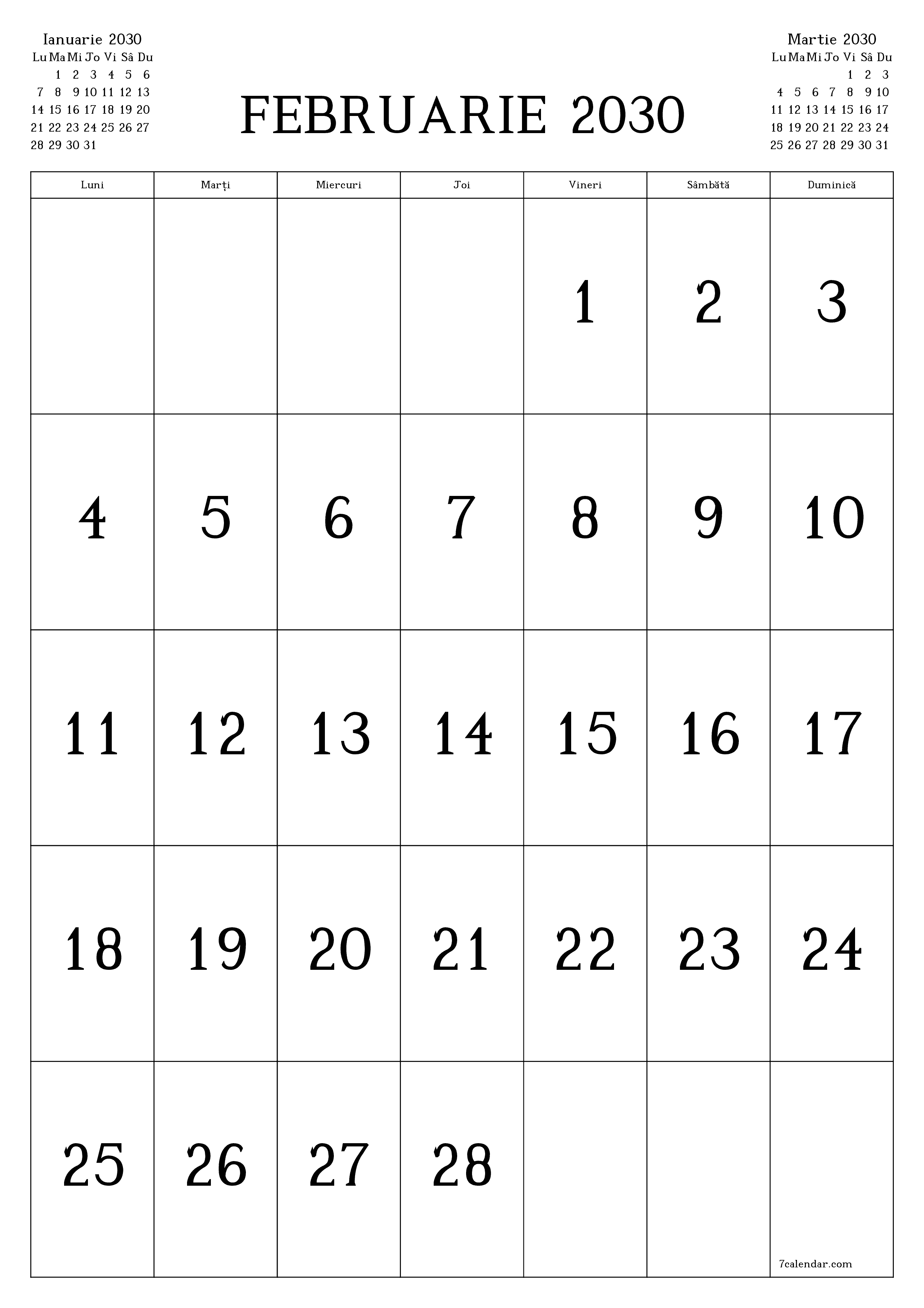  imprimabil de perete șablon de gratuitvertical Lunar calendar Februarie (Feb) 2030