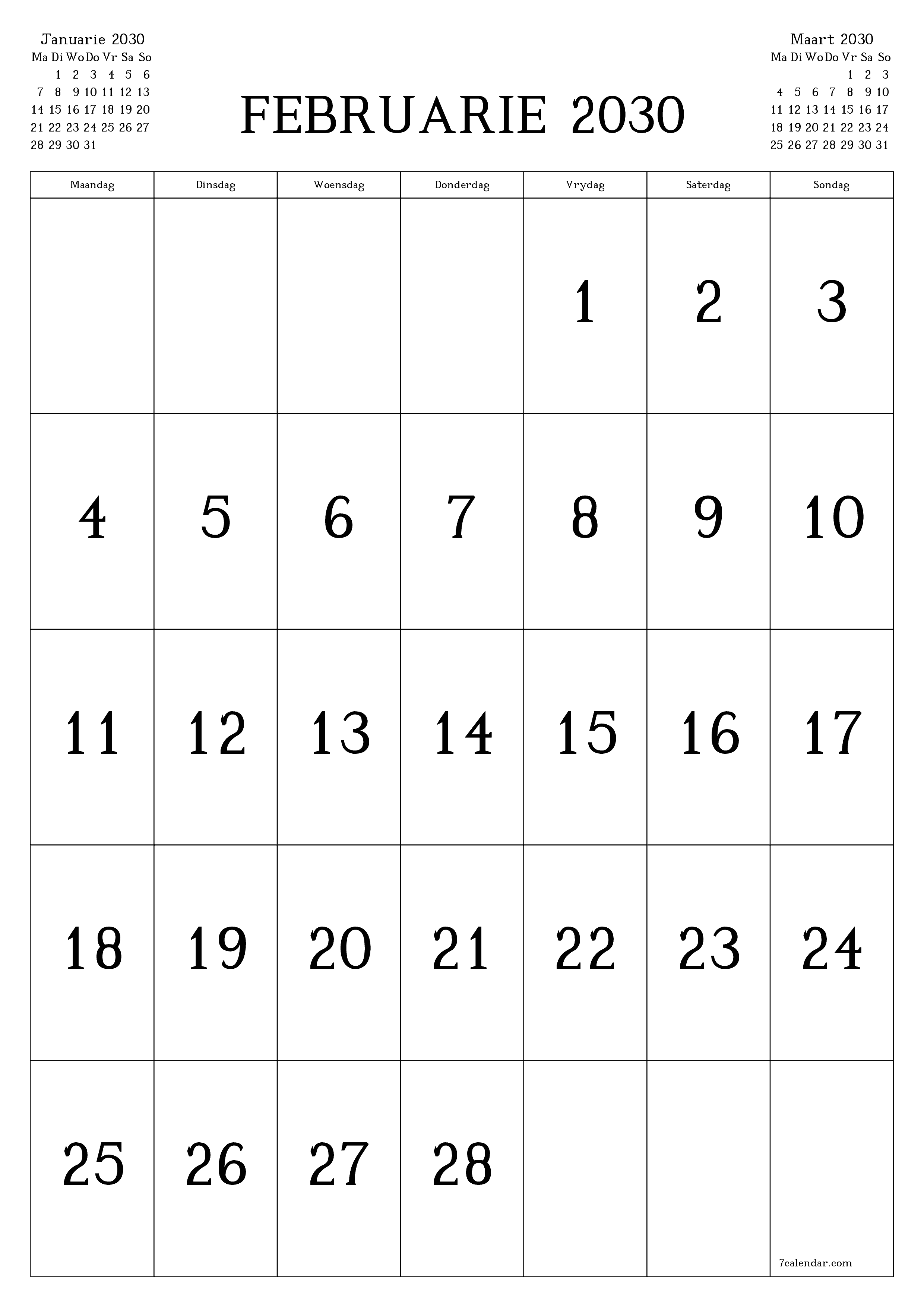 drukbare muur template gratis vertikaal Maandeliks kalender Februarie (Feb) 2030