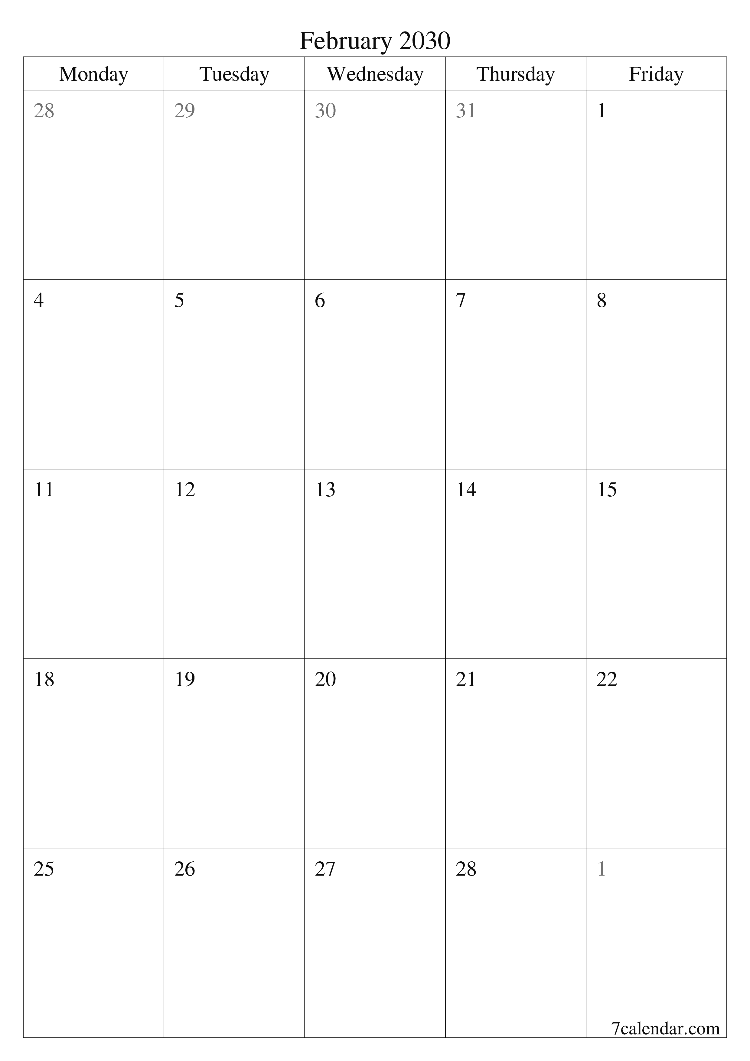 printable wall template free vertical Monthly planner calendar February (Feb) 2030