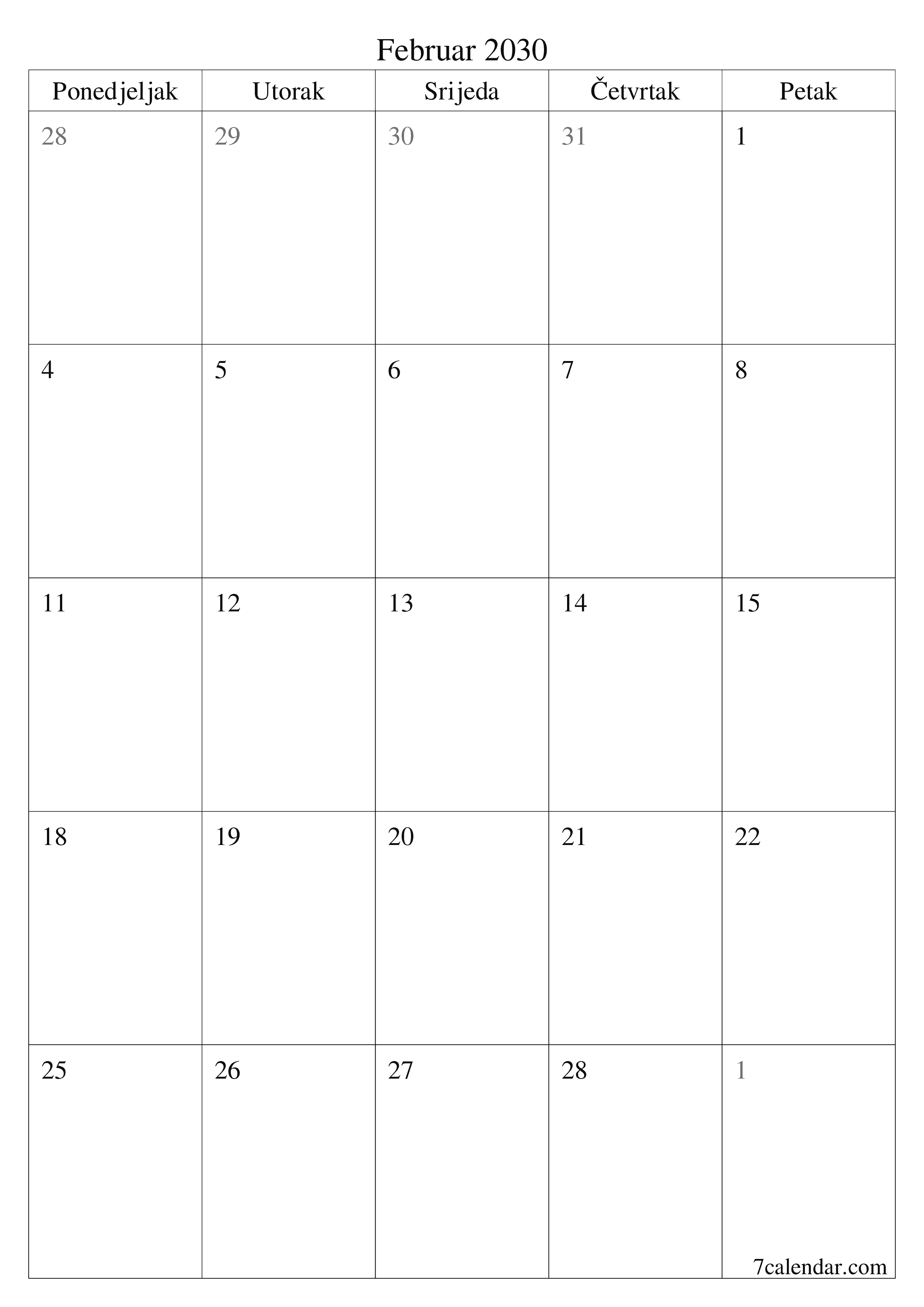  za štampanje zidni šablon a besplatni vertikalno Mjesečno planer kalendar Februar (Feb) 2030