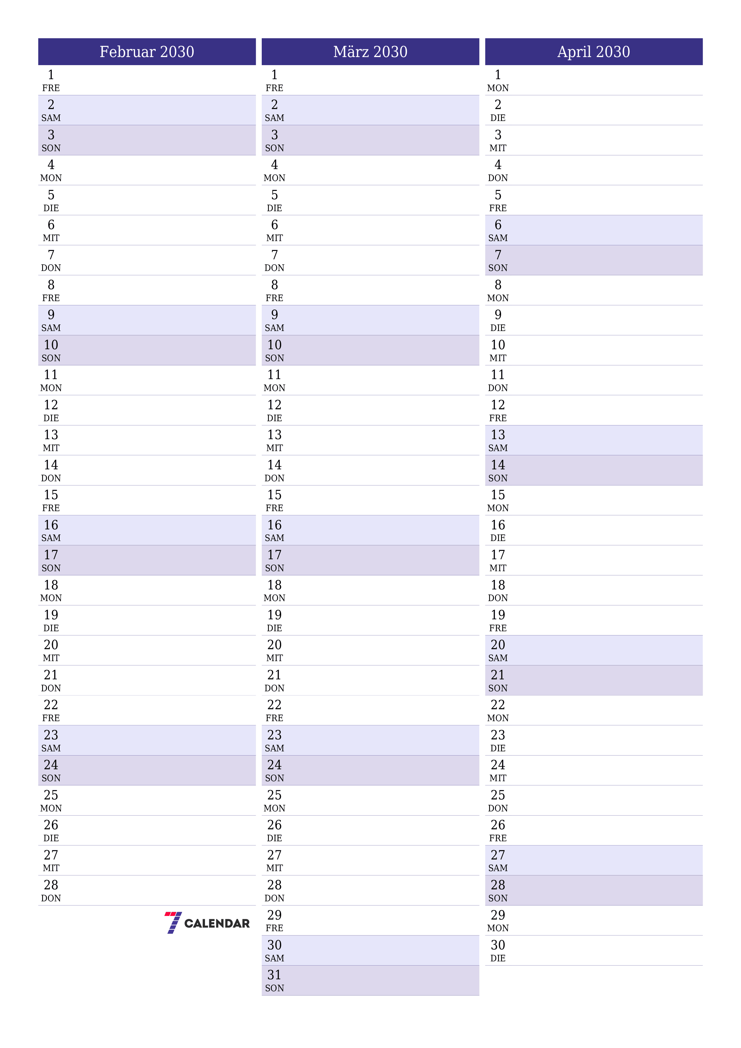  zum Ausdrucken Wandkalender vorlage kostenloser vertikal Monatlich Planer Kalender Februar (Feb) 2030