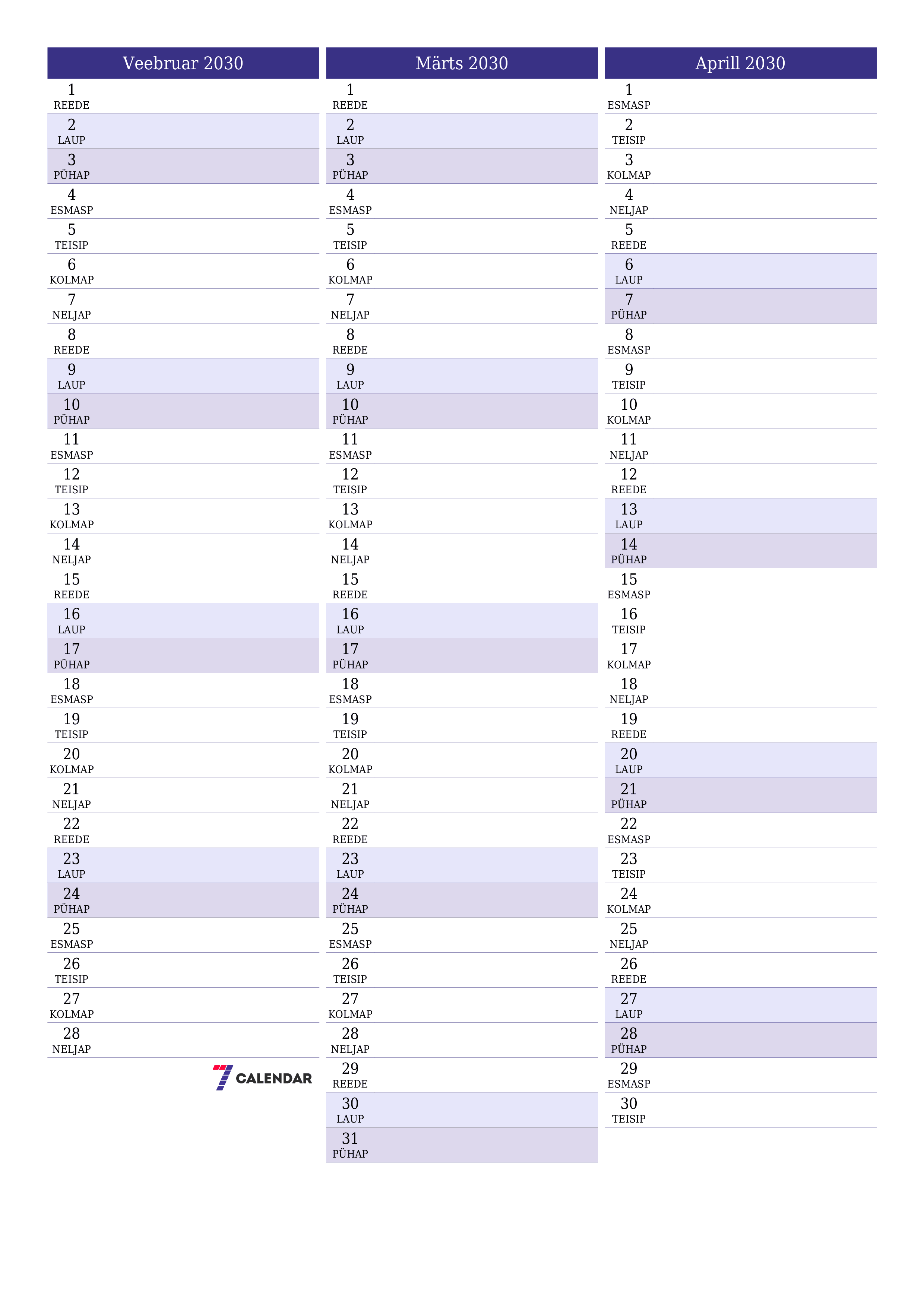 Tühjendage kuu Veebruar 2030 kuuplaneerija märkmetega, salvestage ja printige PDF-i PNG Estonian