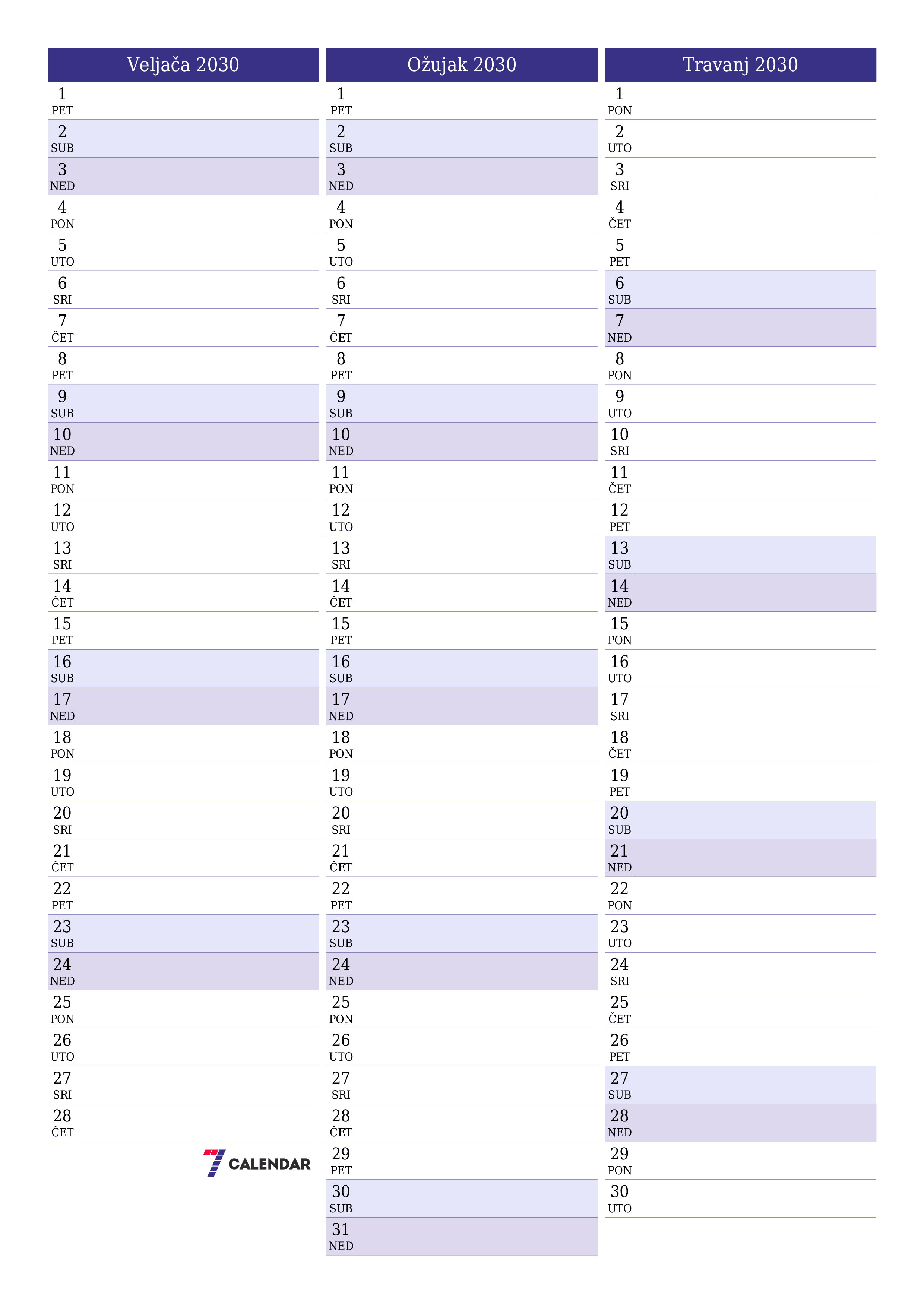  za ispis zidni predložak a besplatni okomito Mjesečni planer kalendar Veljača (Vel) 2030