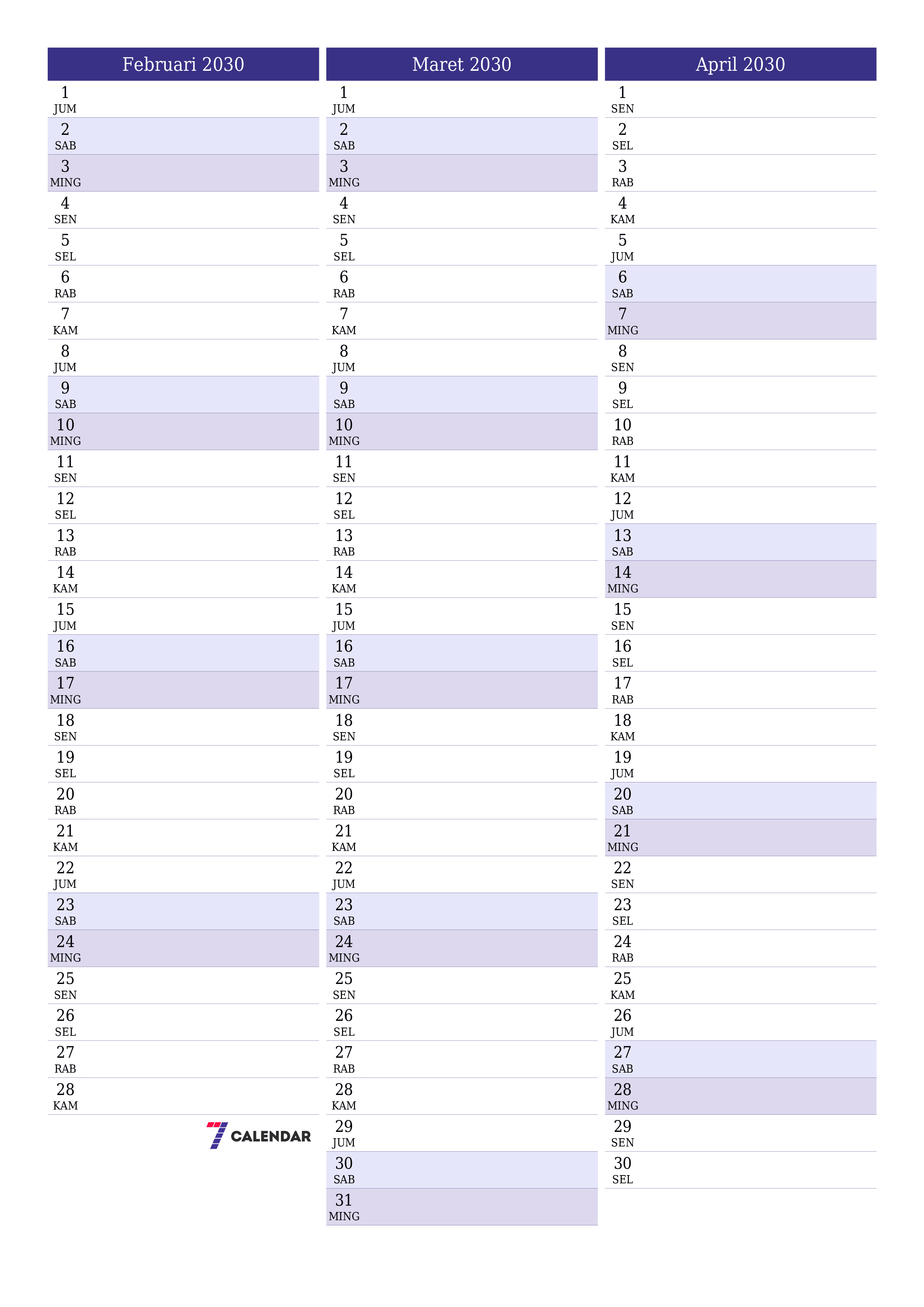  yang dapat dicetak dinding templat gratisvertikal Bulanan perencana kalender Februari (Feb) 2030