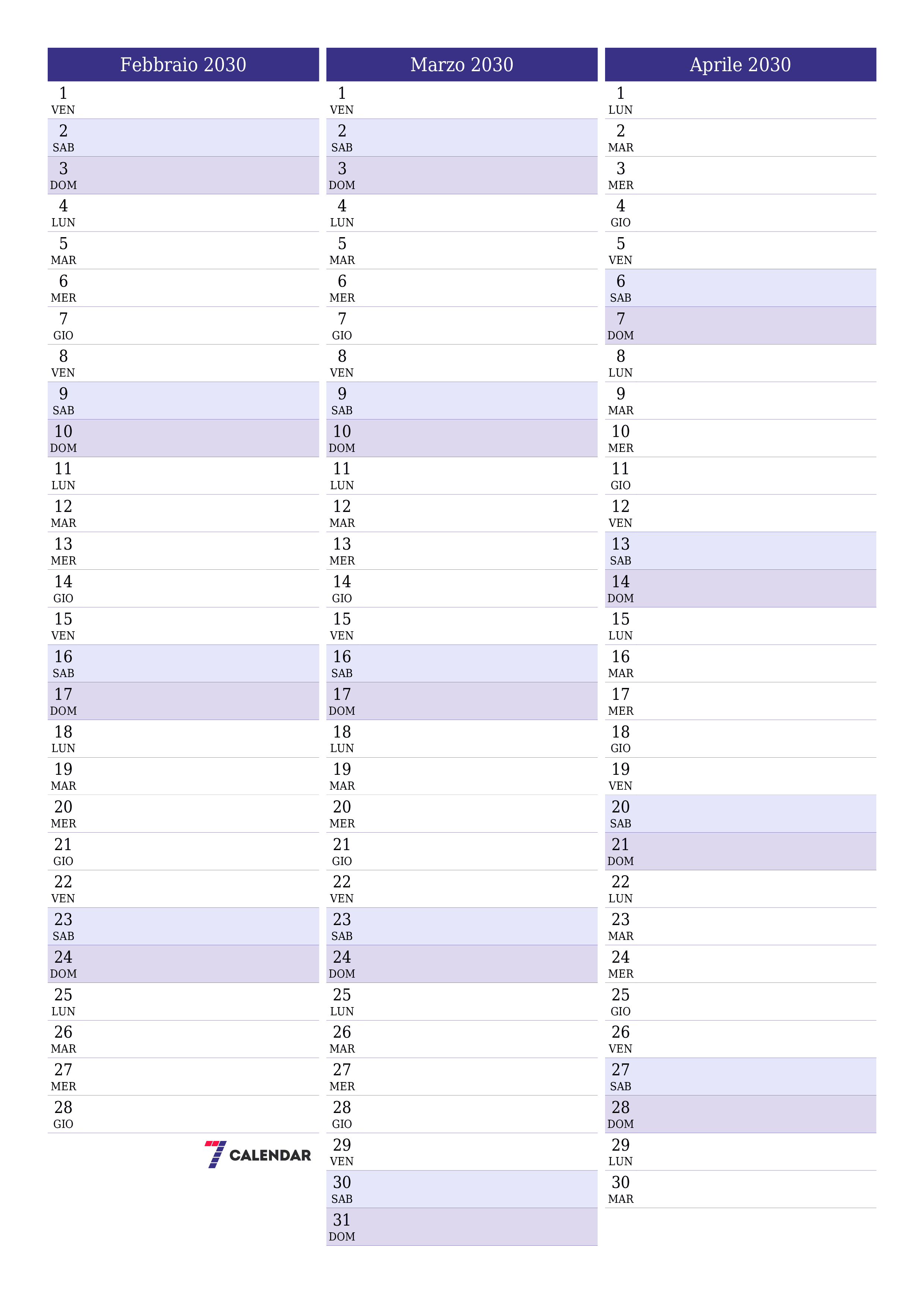  stampabile da parete modello di gratuitoverticale Mensile pianificatore calendario Febbraio (Feb) 2030