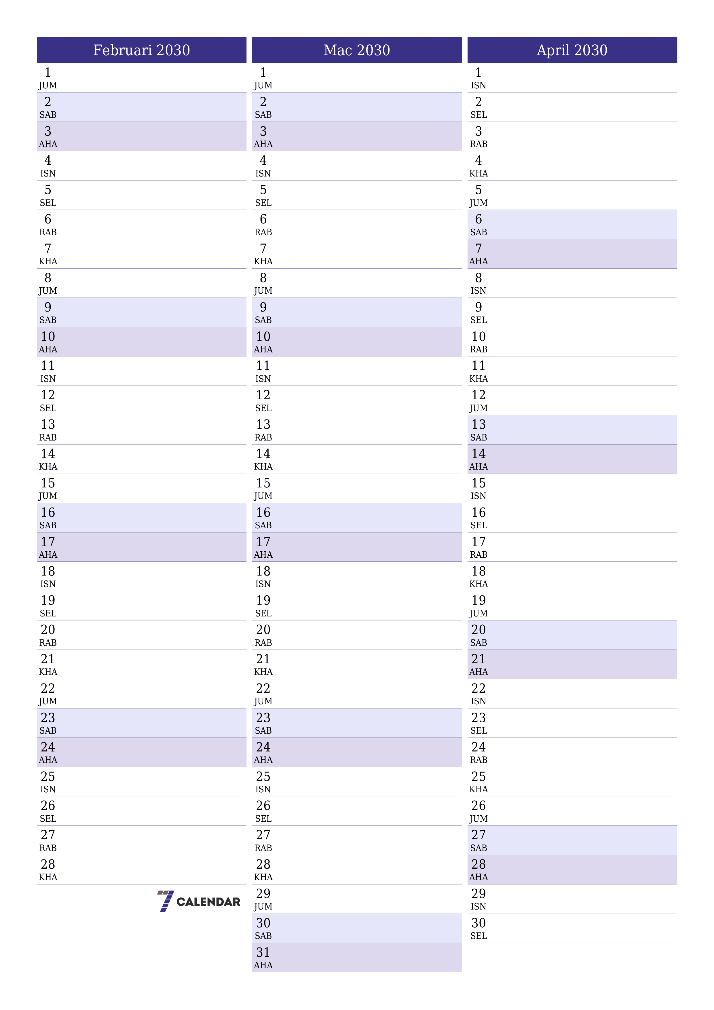 boleh cetak dinding templat percumamenegak Bulanan perancang kalendar Februari (Feb) 2030