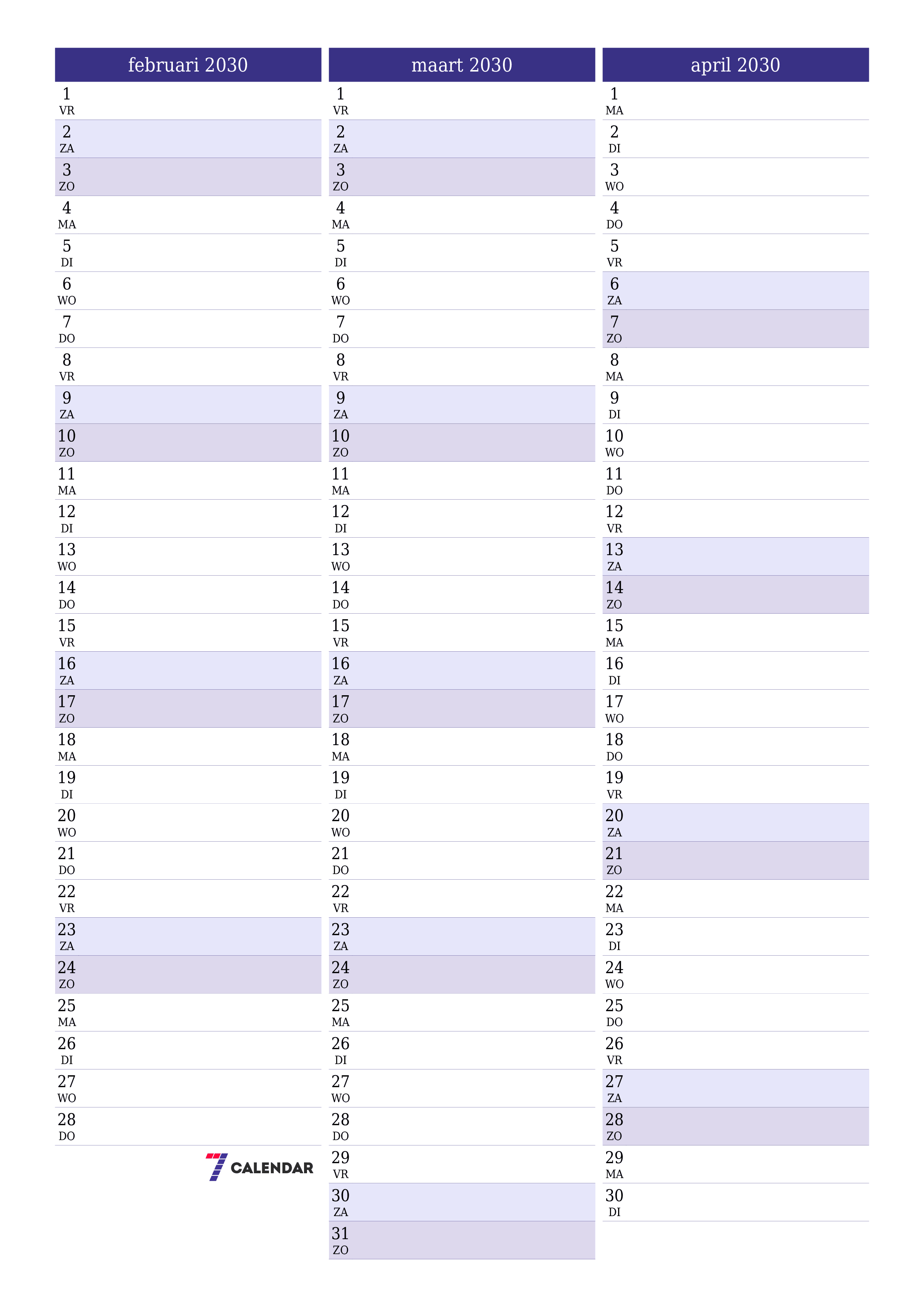 afdrukbare muur sjabloon gratis verticaal Maandelijks planner kalender februari (feb) 2030