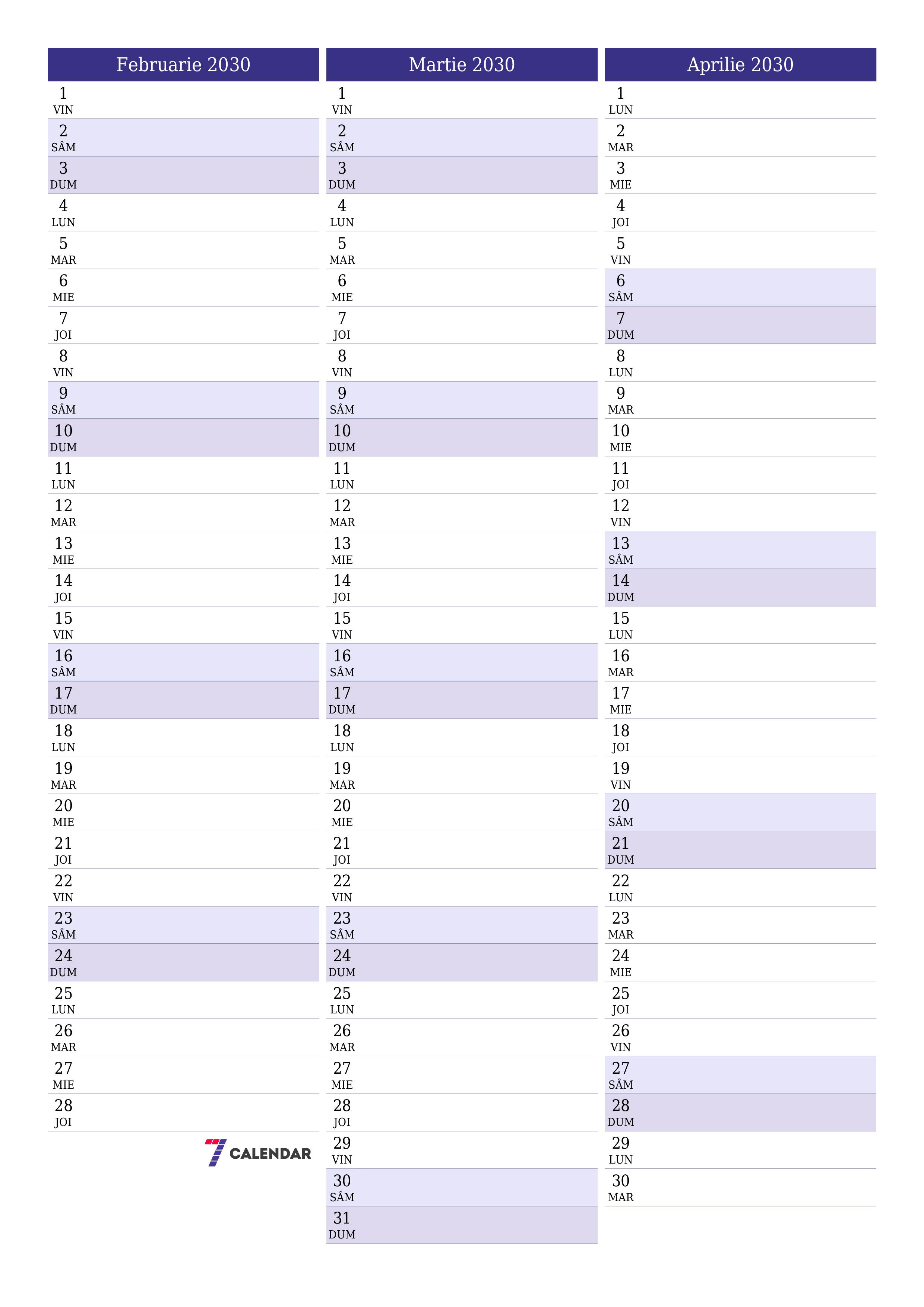  imprimabil de perete șablon de gratuitvertical Lunar planificator calendar Februarie (Feb) 2030