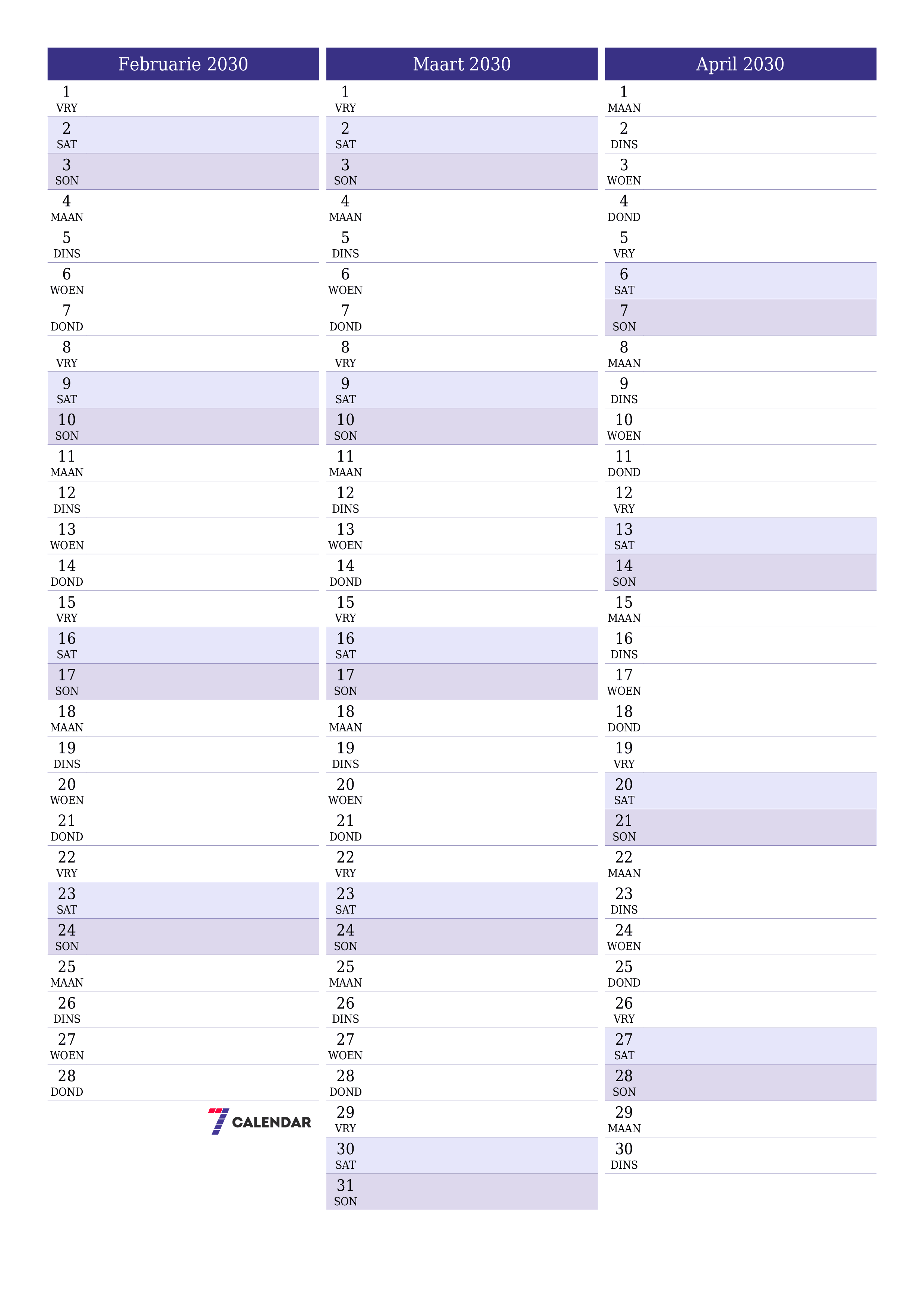 drukbare muur template gratis vertikaal Maandeliks beplanner kalender Februarie (Feb) 2030