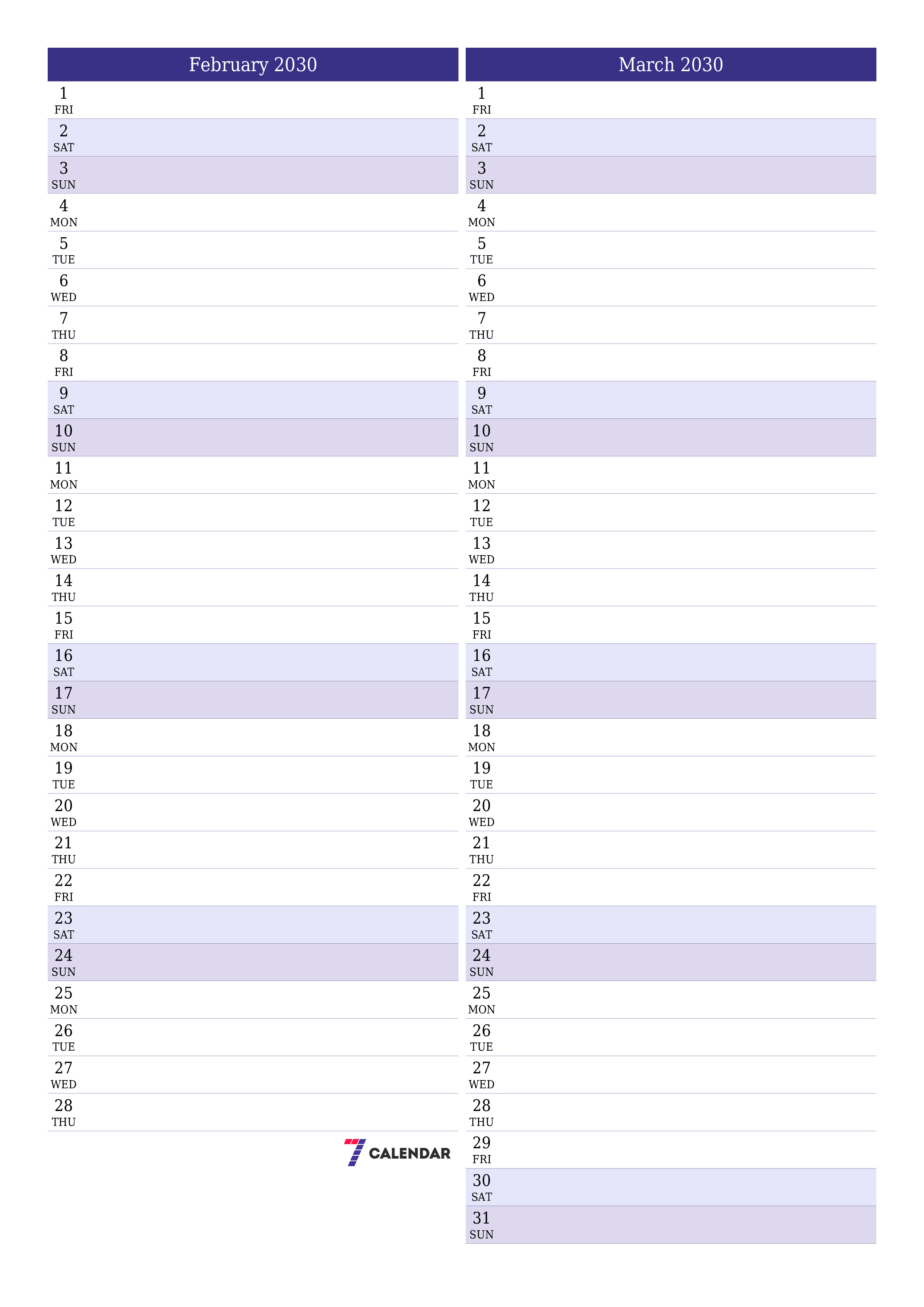 printable wall template free vertical Monthly planner calendar February (Feb) 2030