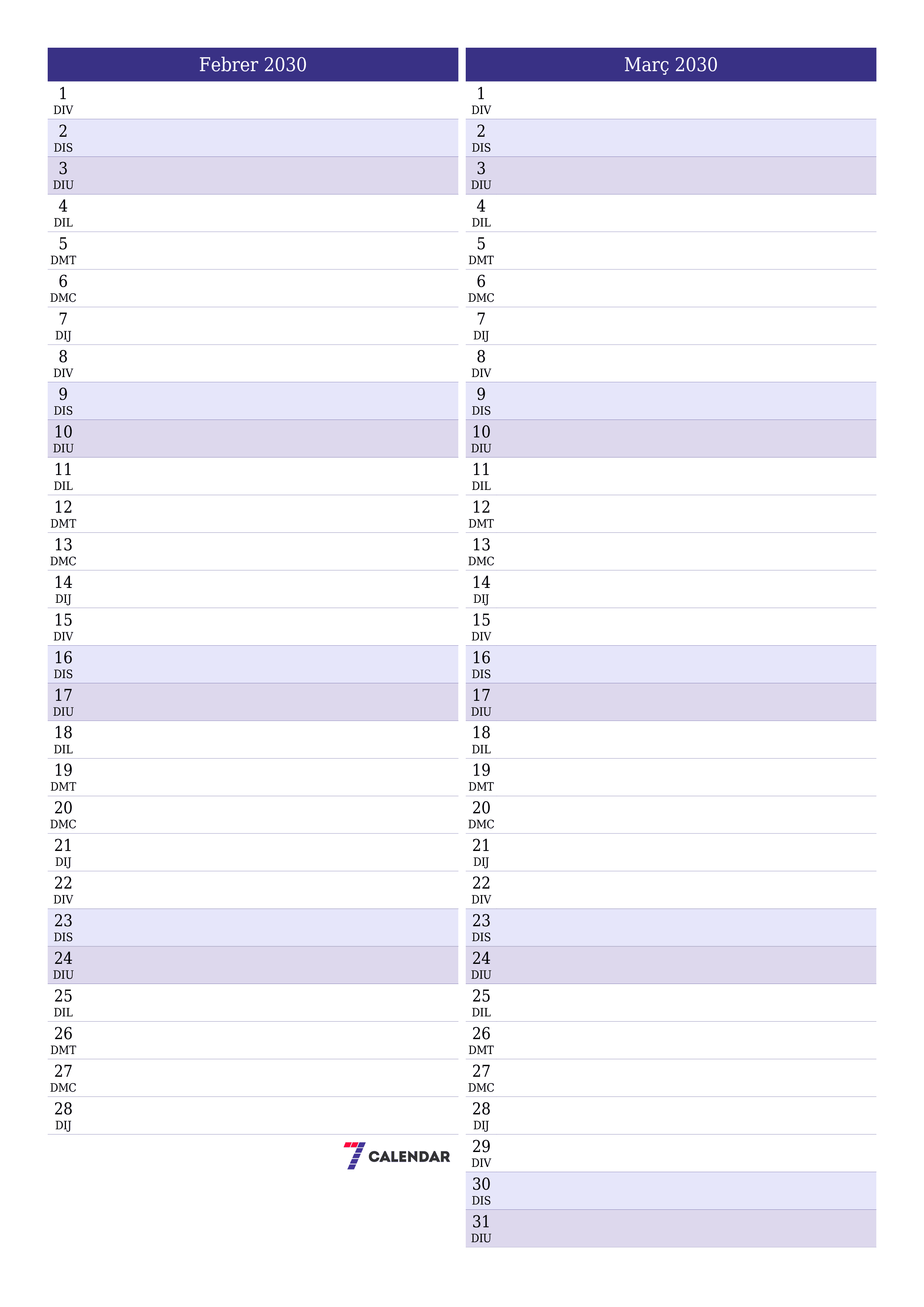  imprimible de paret plantilla de gratuïtvertical Mensual planificador calendari Febrer (Feb) 2030
