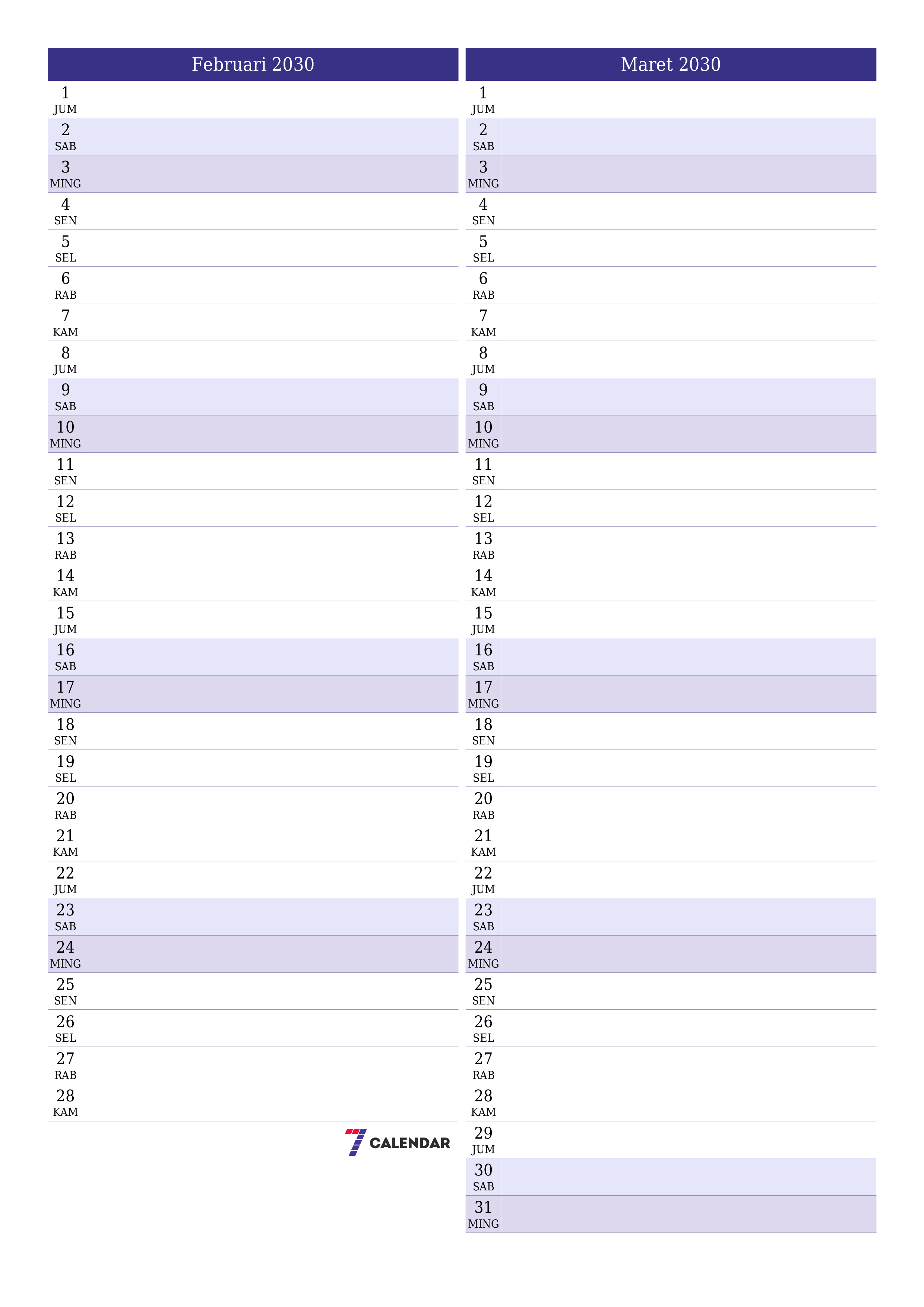  yang dapat dicetak dinding templat gratisvertikal Bulanan perencana kalender Februari (Feb) 2030