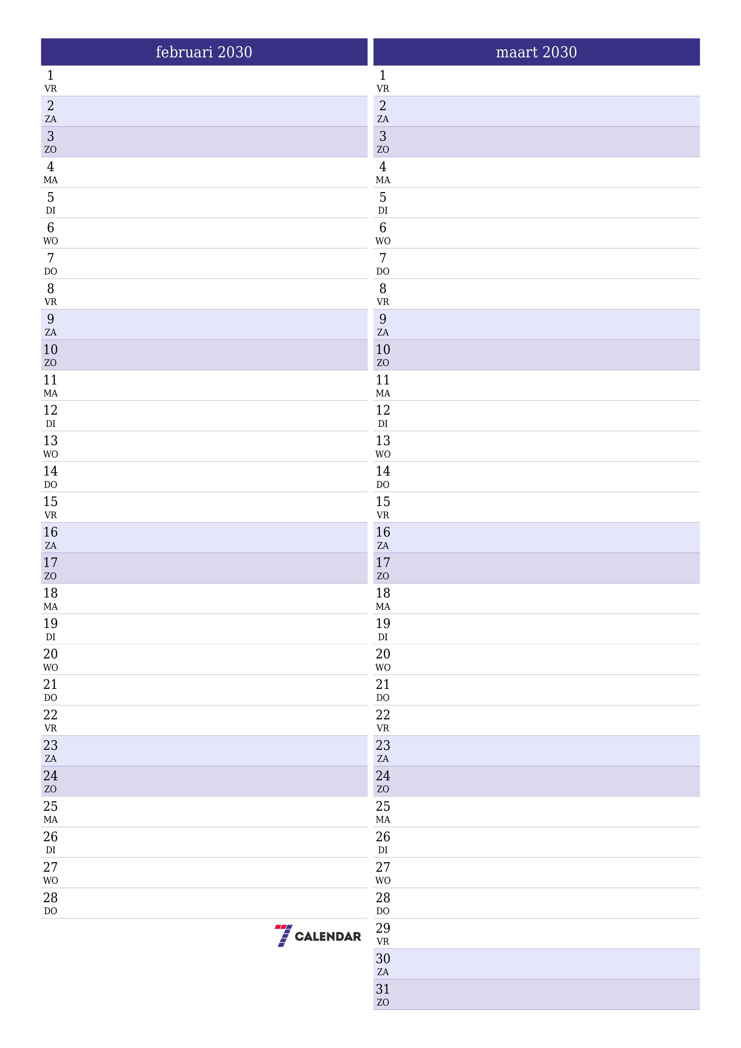 afdrukbare muur sjabloon gratis verticaal Maandelijks planner kalender februari (feb) 2030