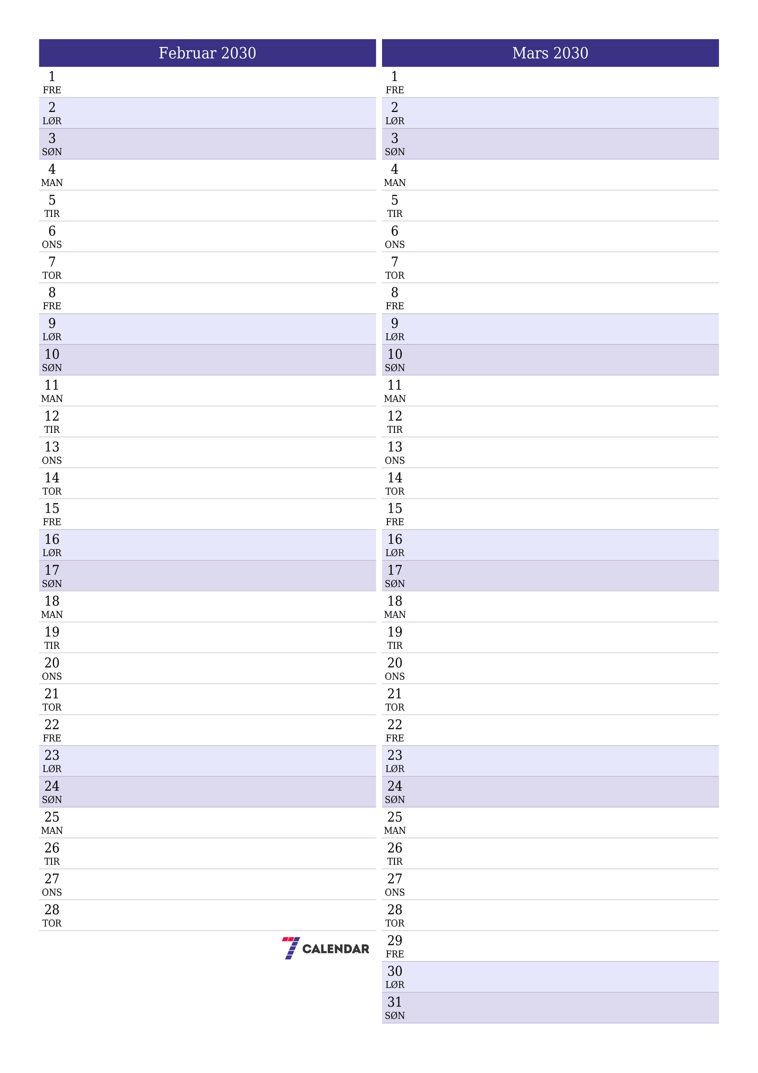 utskrivbar vegg mal gratis vertikal Månedlig planlegger kalender Februar (Feb) 2030
