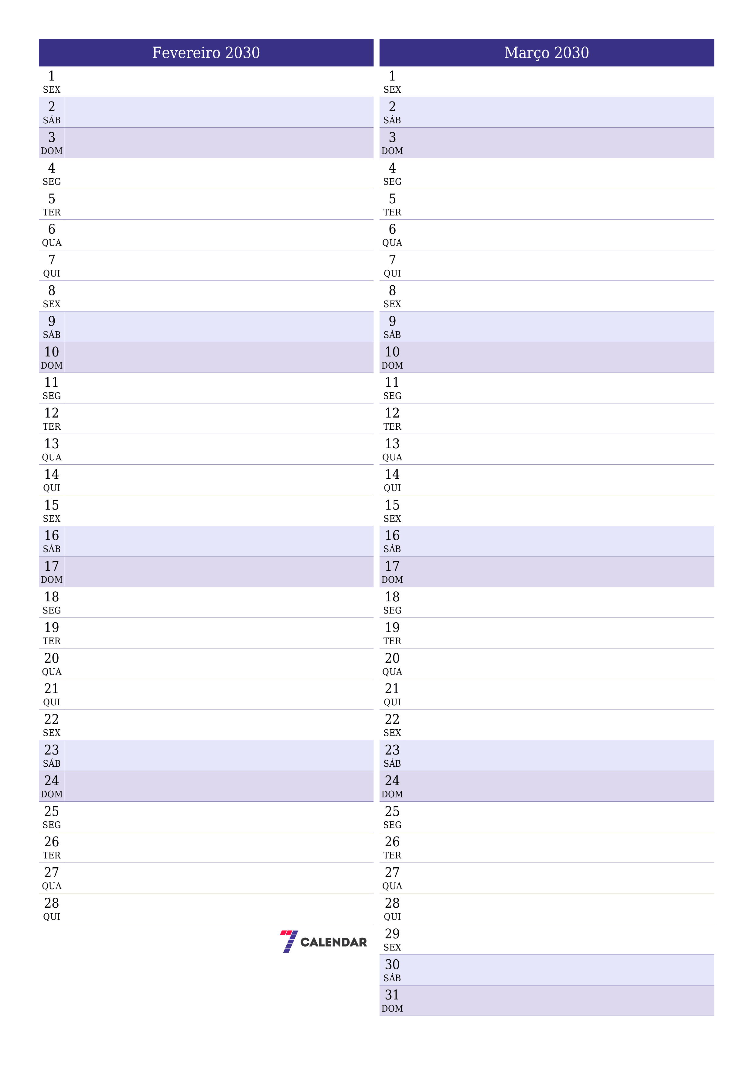  para impressão de parede modelo de grátisvertical Mensal planejador calendário Fevereiro (Fev) 2030