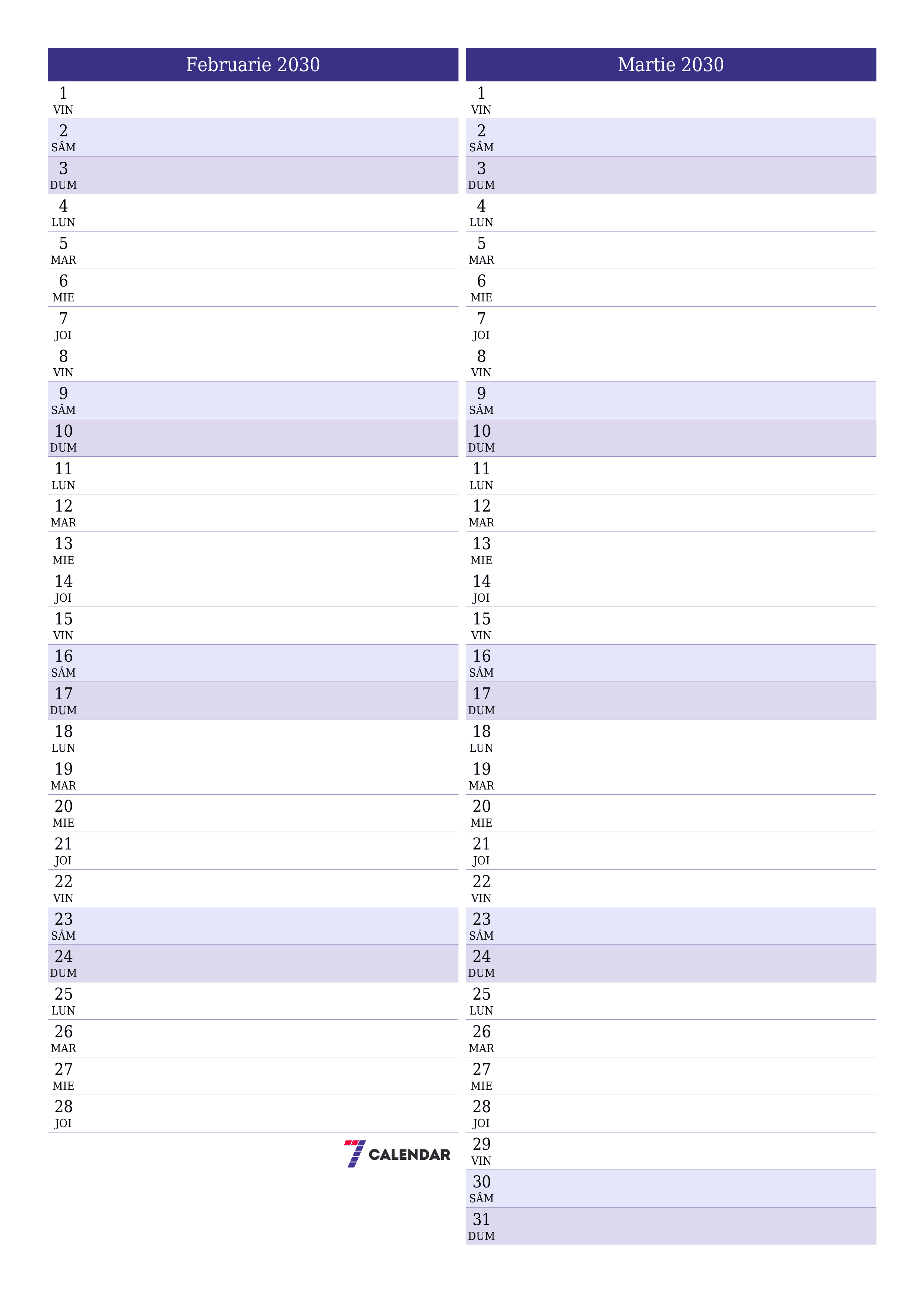  imprimabil de perete șablon de gratuitvertical Lunar planificator calendar Februarie (Feb) 2030