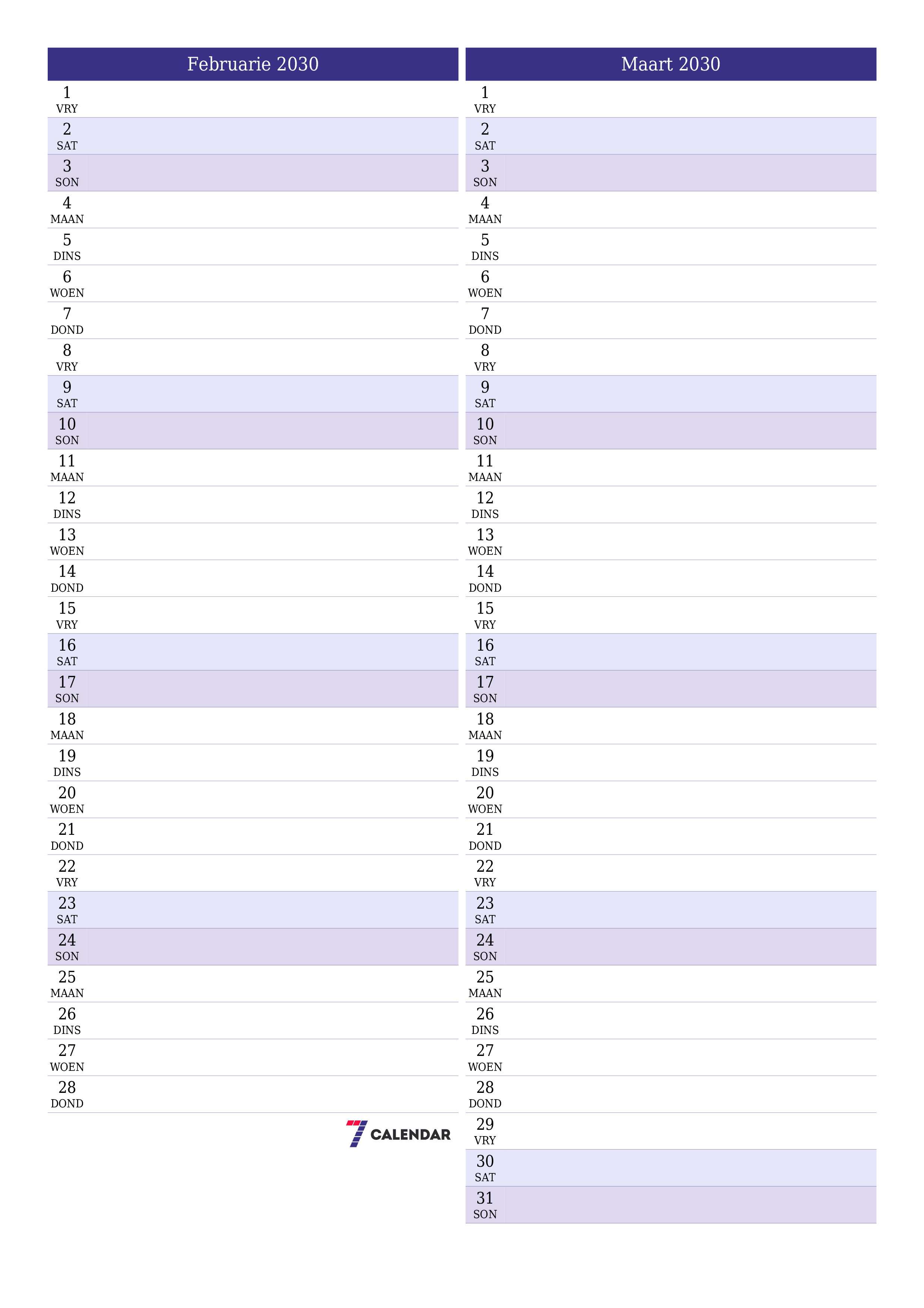 drukbare muur template gratis vertikaal Maandeliks beplanner kalender Februarie (Feb) 2030