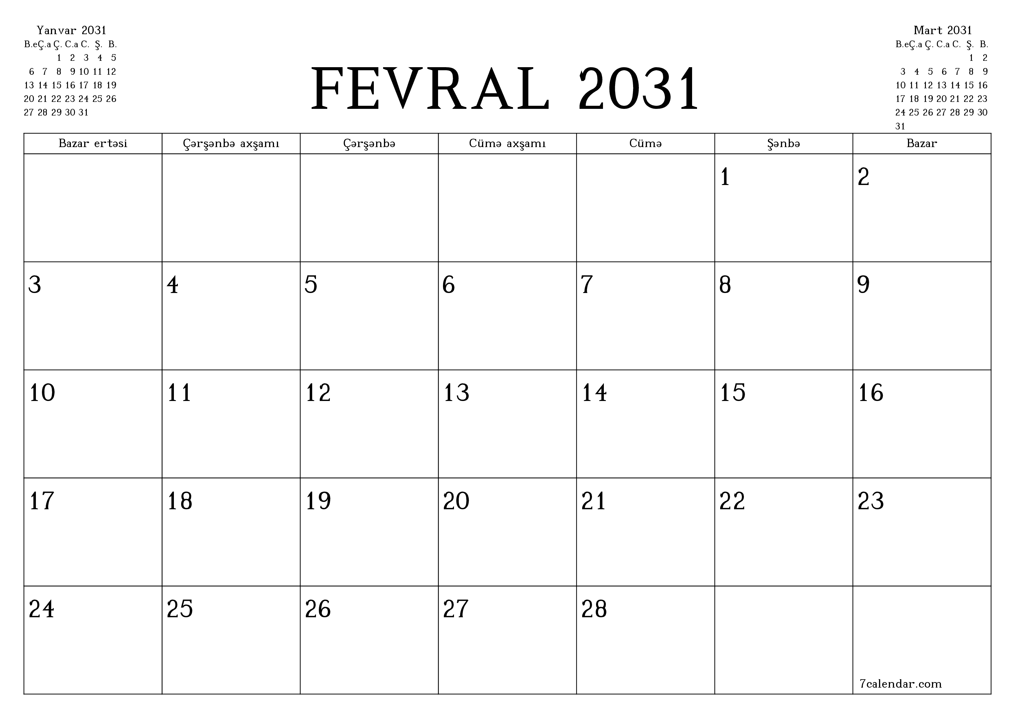 Fevral 2031 ayı üçün qeydlər ilə boş aylıq planlayıcı, qeyd edin və PDF-ə yazdırın PNG Azerbaijani