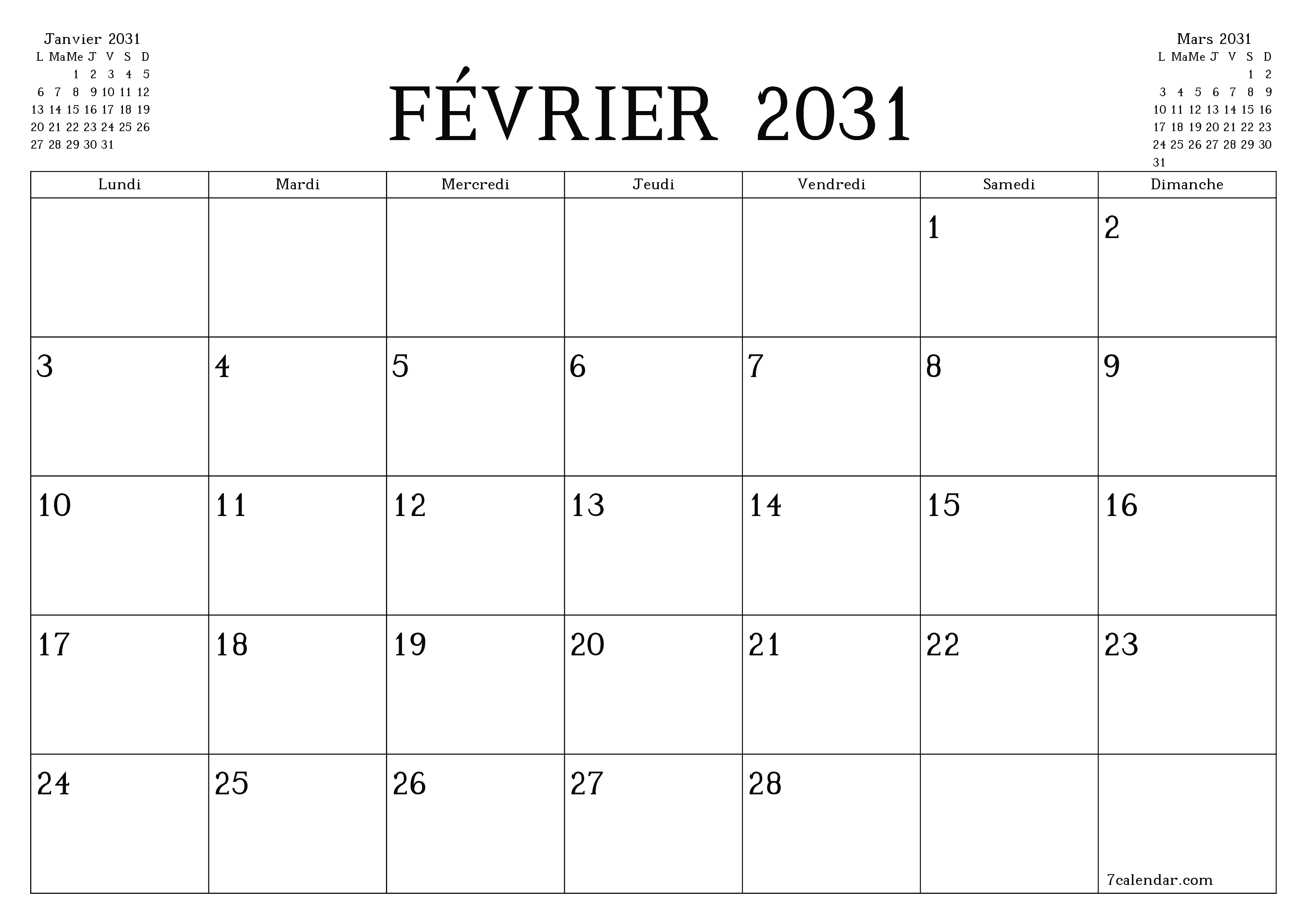 Agenda mensuel vide pour le mois Février 2031 avec notes, enregistrez et imprimez au format PDF PNG French