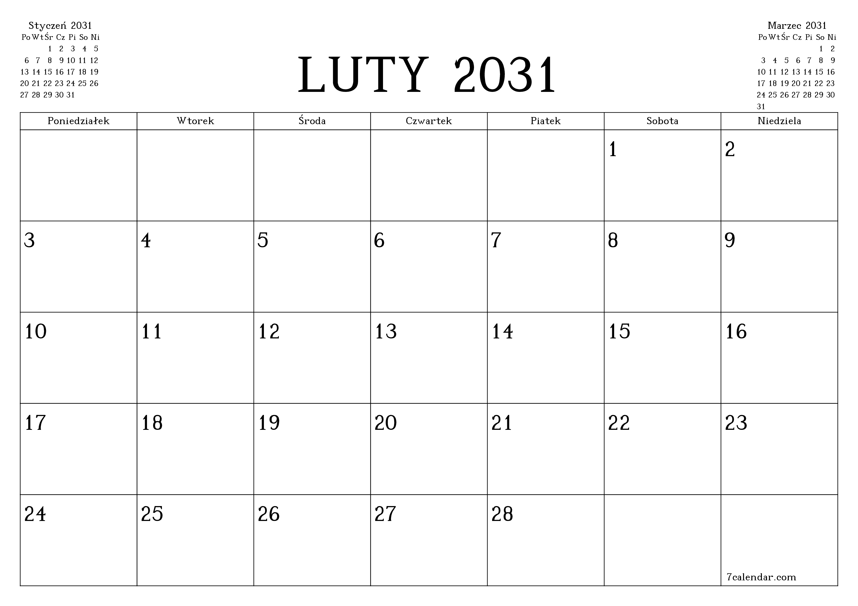 Opróżnij miesięczny planer na miesiąc Luty 2031 z notatkami, zapisz i wydrukuj w formacie PDF PNG Polish