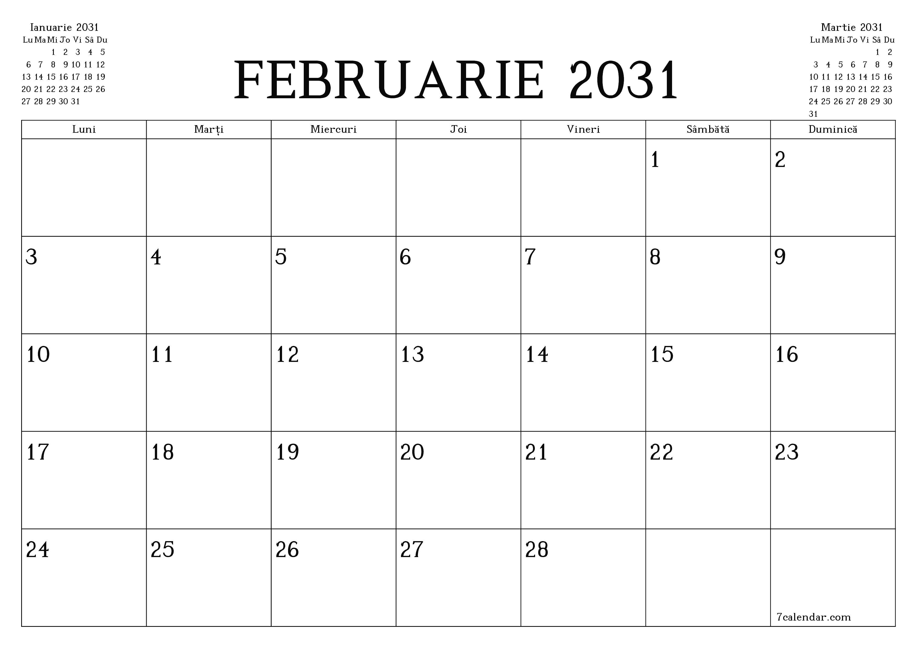 Planificator lunar gol pentru luna Februarie 2031 cu note, salvați și tipăriți în PDF PNG Romanian