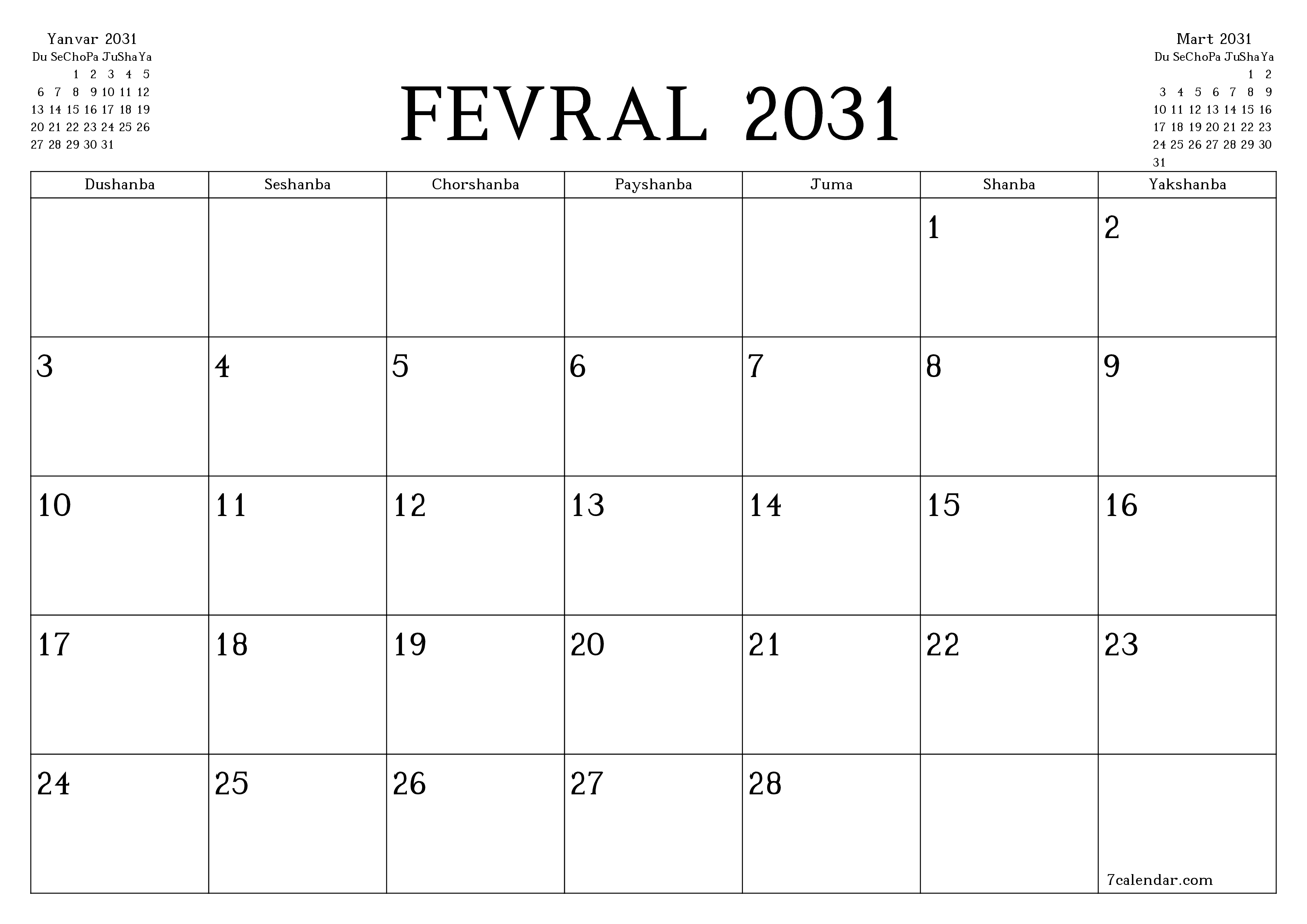 Fevral 2031 oylik oylik rejalashtiruvchini yozuvlar bilan bo'shatish, saqlash va PDF-ga chop etish PNG Uzbek
