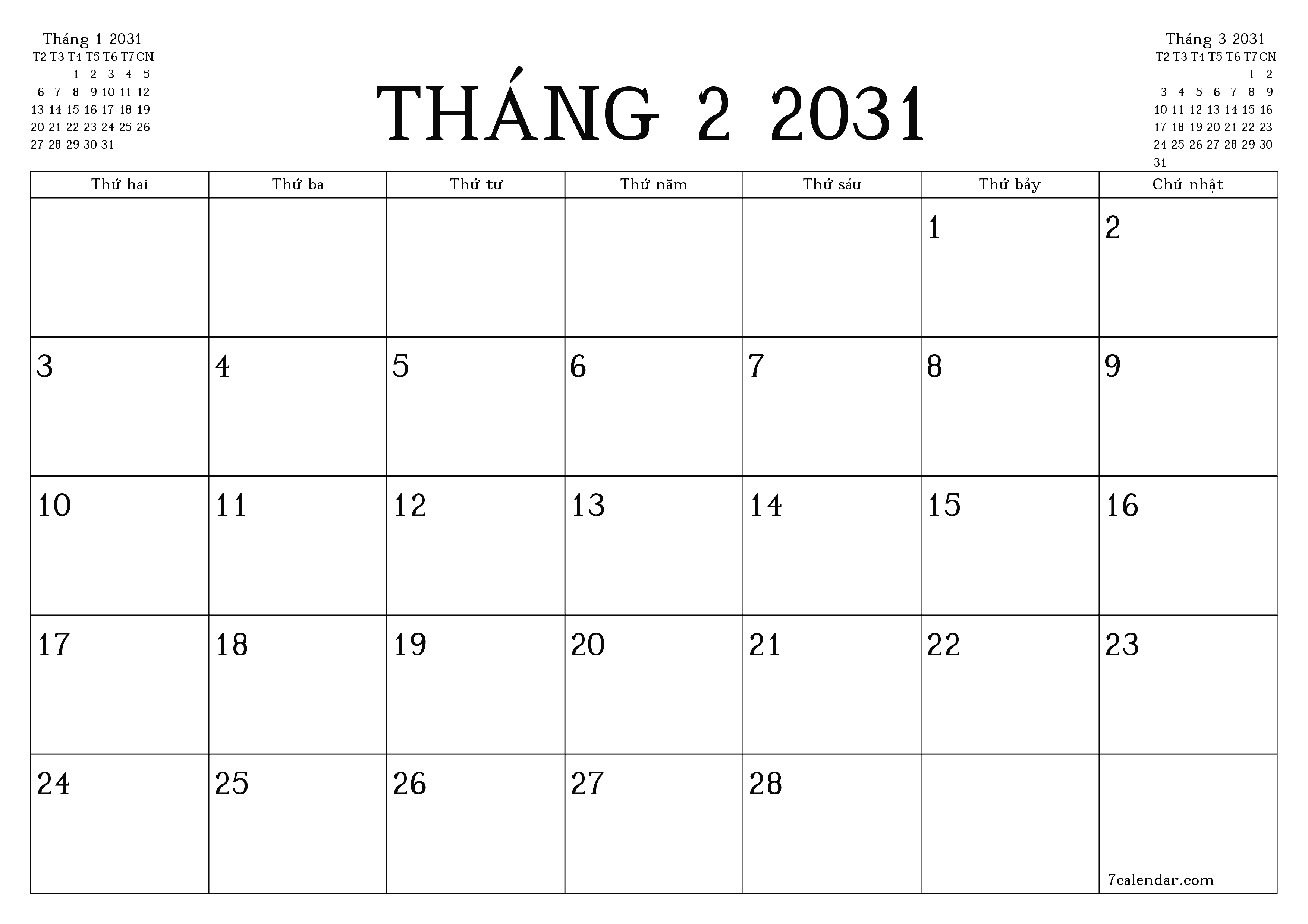 Công cụ lập kế hoạch hàng tháng trống cho tháng Tháng 2 2031 có ghi chú, lưu và in sang PDF PNG Vietnamese