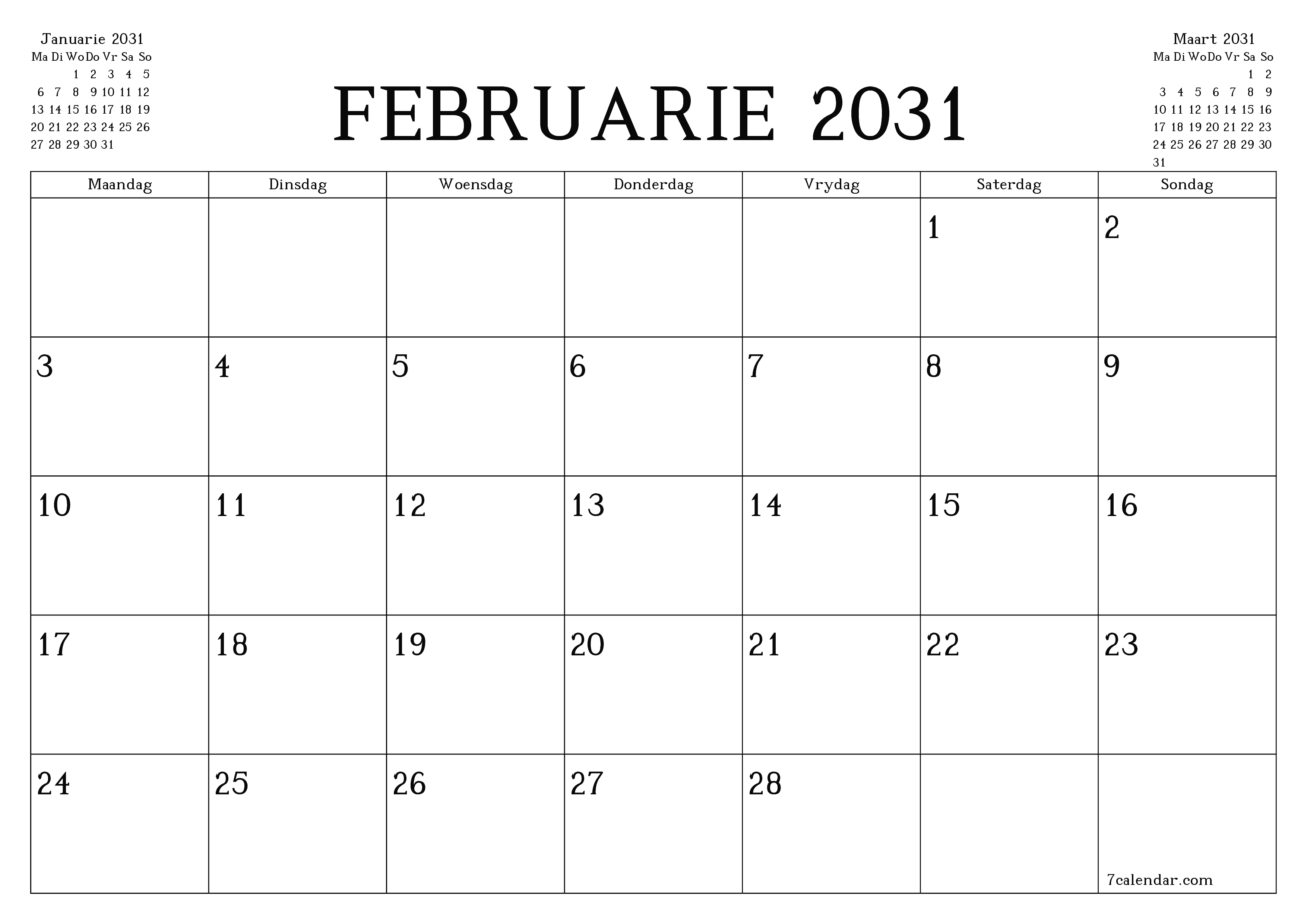 Leë maandelikse drukbare kalender en beplanner vir maand Februarie 2031 met notas stoor en druk na PDF PNG Afrikaans