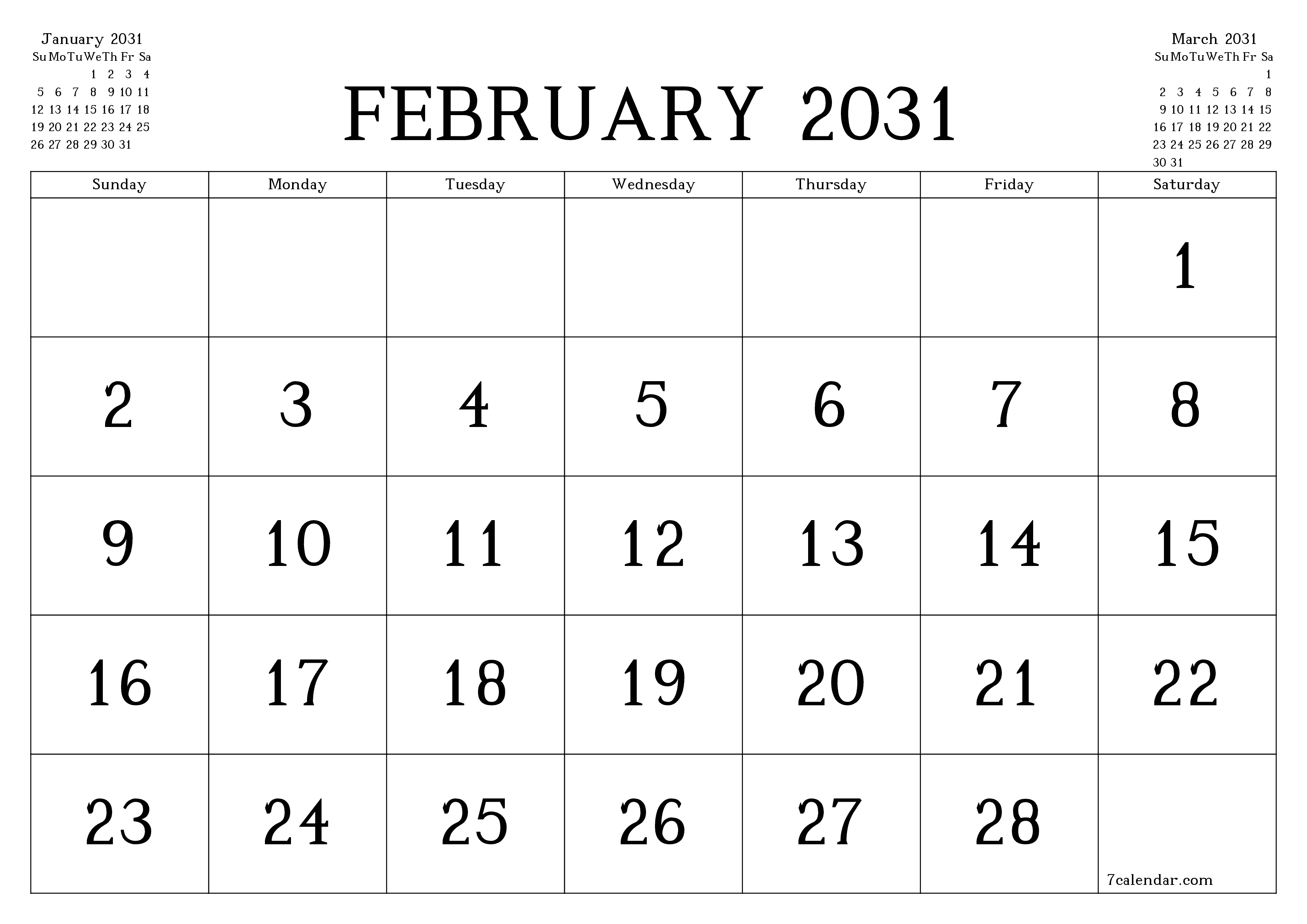 Blank calendar February 2031