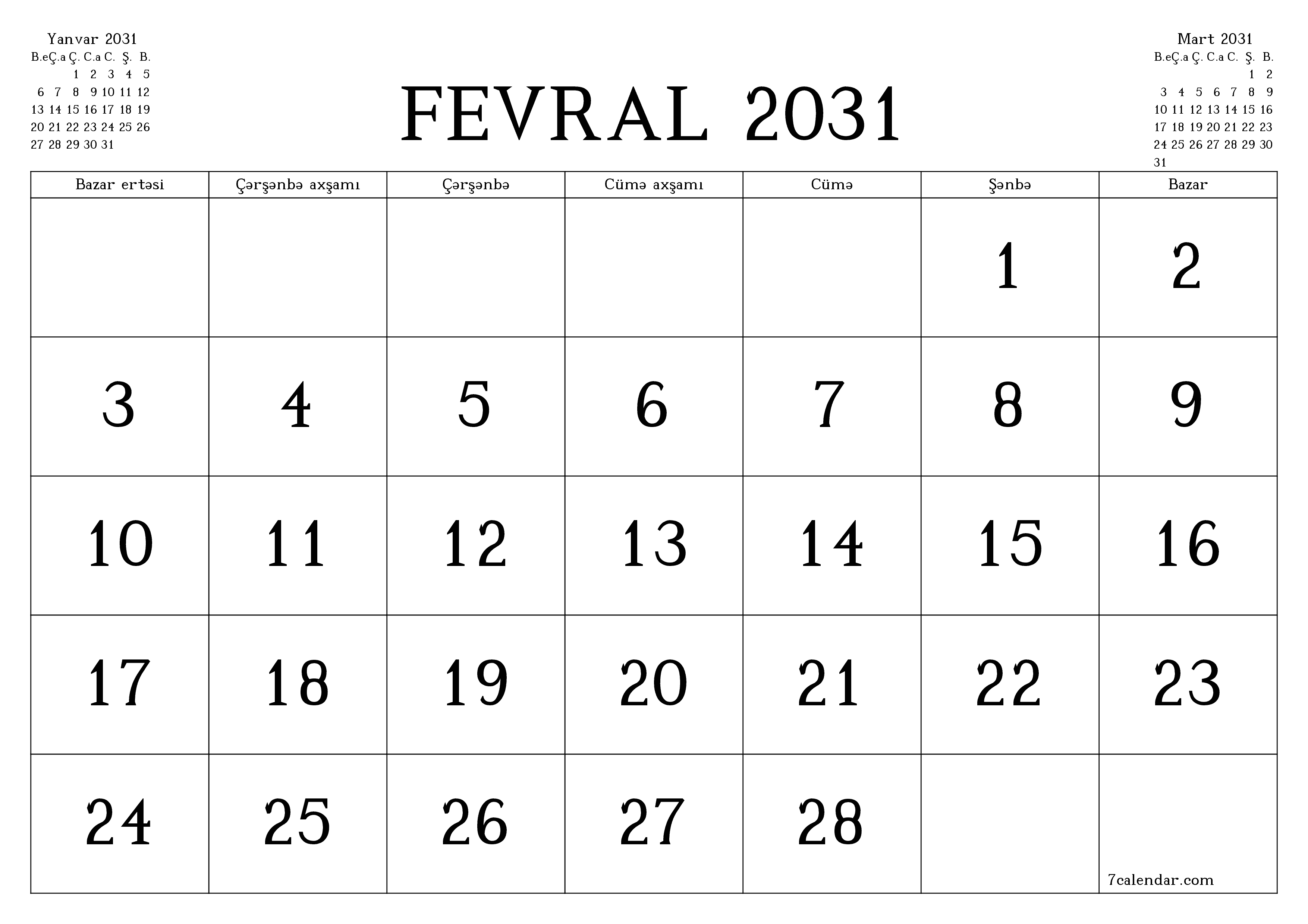 Fevral 2031 ayı üçün qeydlər ilə boş aylıq planlayıcı, qeyd edin və PDF-ə yazdırın PNG Azerbaijani